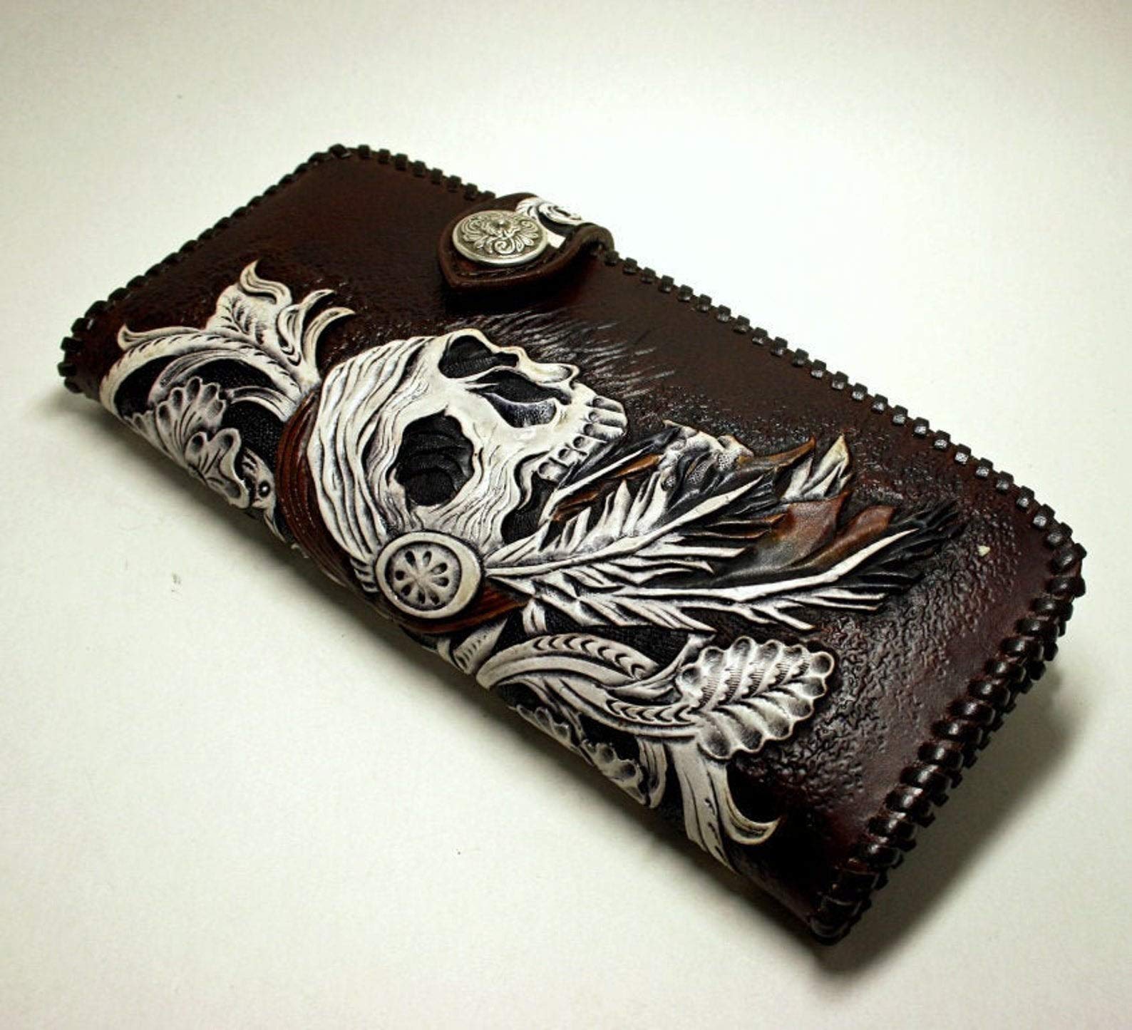 Handcrafted 3D Genuine Leather Biker Wallet for Men - Sheridan Style Skull Design with Hand-Carved & Hand-Painted Details | Custom Personalized Long Leather Wallet for Motorcycle Enthusiasts & Gift Giving