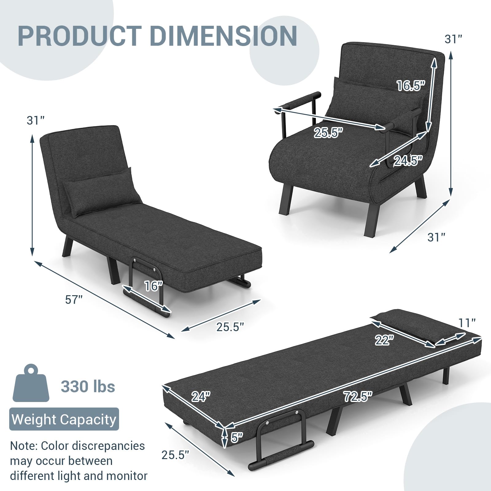 KOMFOTT 4-in-1 Convertible Sleeper Chair Bed - Adjustable Backrest Folding Sofa Bed with Removable Pillow, Upholstered Chaise Lounge for Living Room, Guest Room & Small Spaces (Dark Gray) | Perfect for Apartments, Dorms & Home Offices