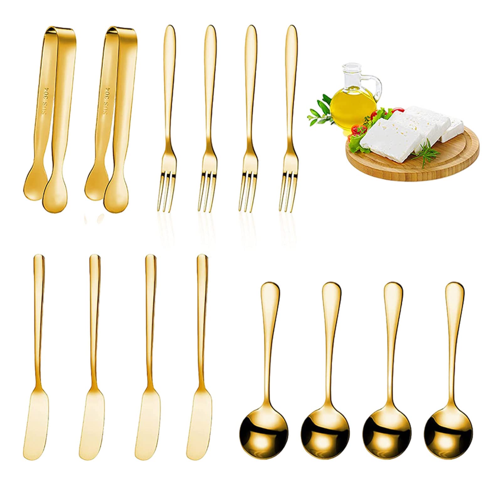 14-Piece Stainless Steel Cheese Butter Spreader Knives Set - Multipurpose Butter Knives, Cheese Slicer, Mini Serving Tongs, Forks & Spoons for Butter, Cheese & Pastry Making - Perfect for Kitchen, Party Serving & Cheese Board Presentation (Gold)