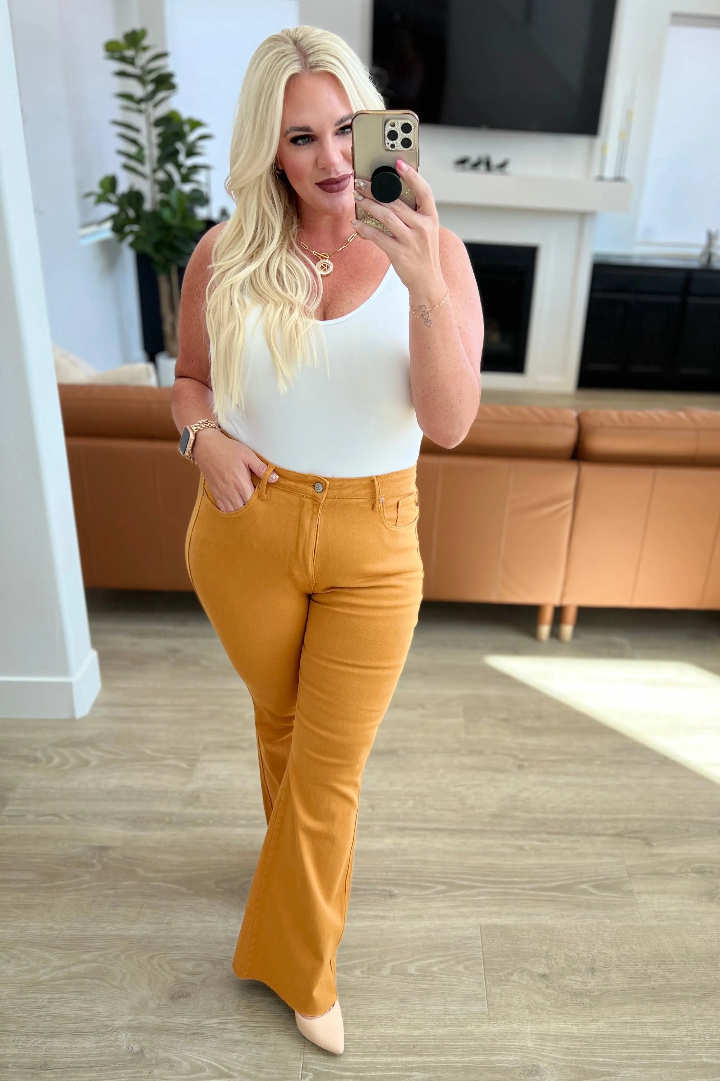 Melinda High Rise Control Top Flare Jeans for Women - Marigold Wash | Slimming & Comfortable Stretch Denim | Perfect for Casual Outfits & Date Nights