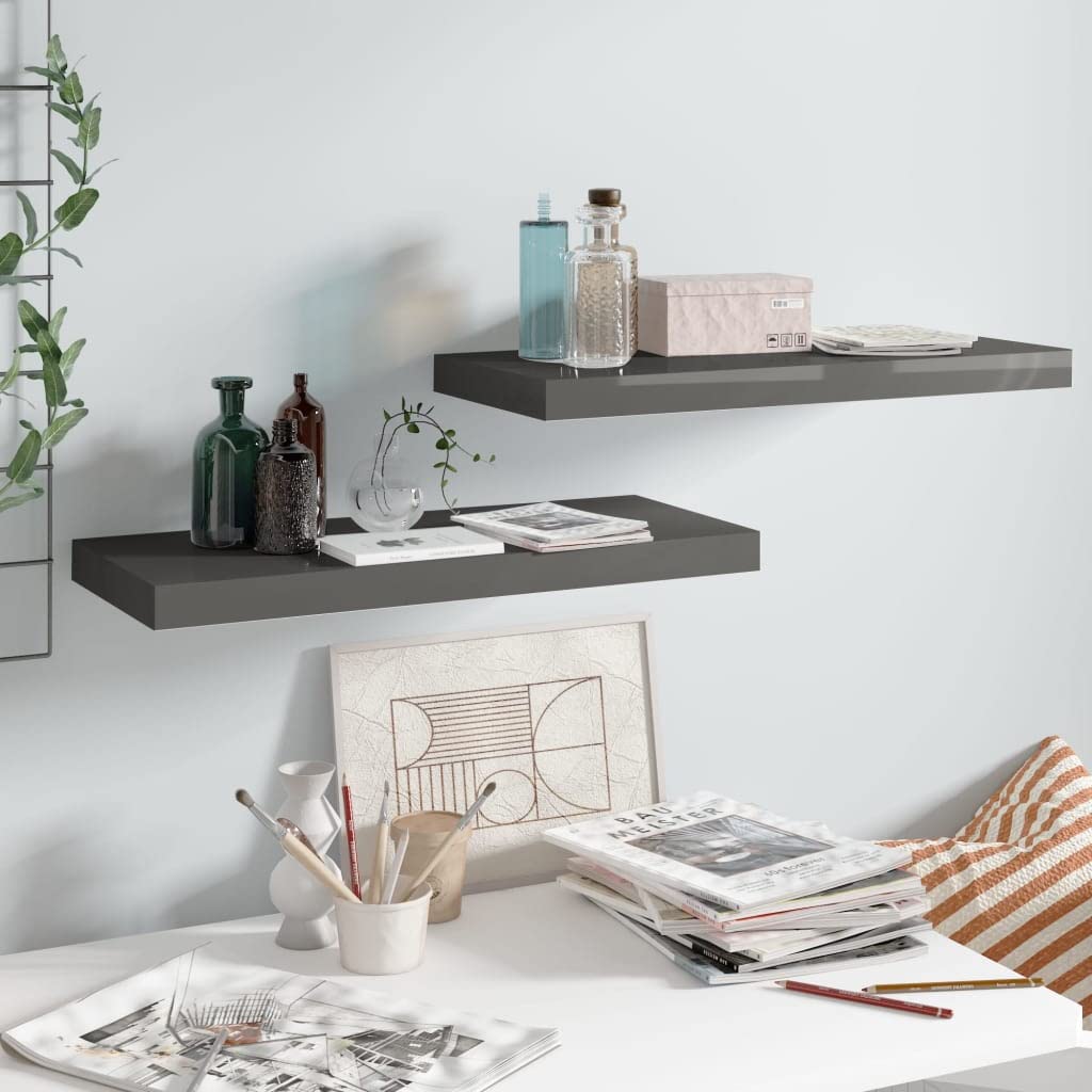 Floating Wall Shelves Set of 2 - Modern High Gloss Gray MDF Display Shelves 23.6