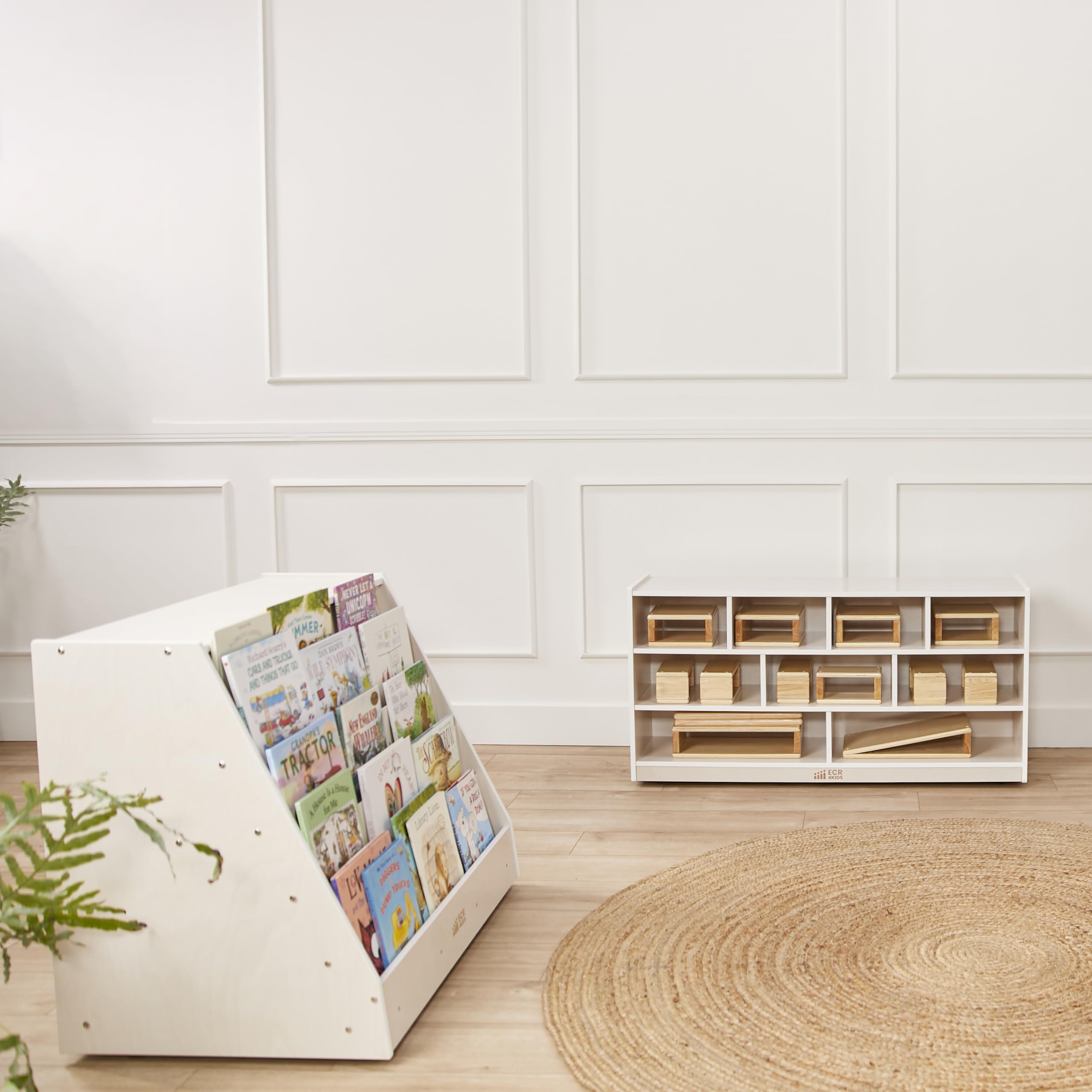 ECR4Kids Double-Sided Mobile Book Display with Storage - White Wash Classroom Bookshelf for Kids | Perfect for Preschool, Daycare & Homeschool Reading Corners
