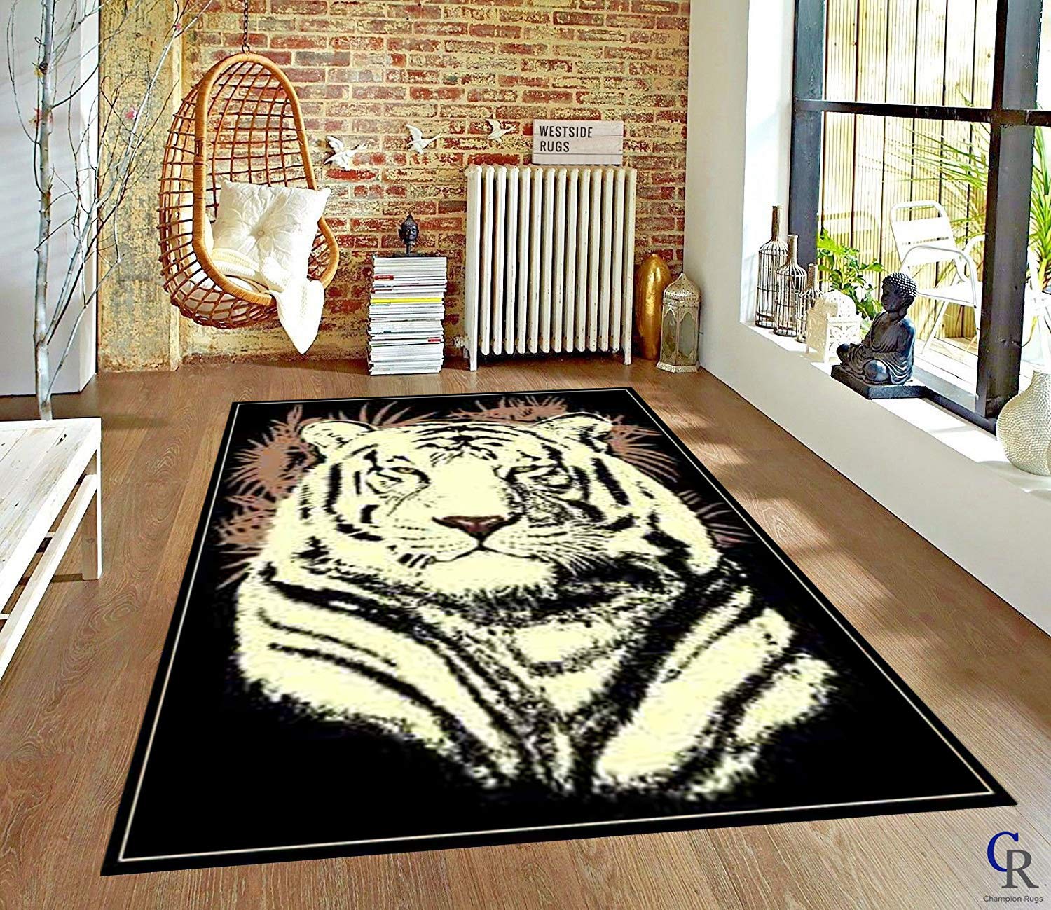 Champion Rugs White Tiger Head Area Rug 5’3”x7’5” - Soft Non-Slip Living Room & Bedroom Rug - Modern Animal Print Floor Decor for Home, Dorm, or Office