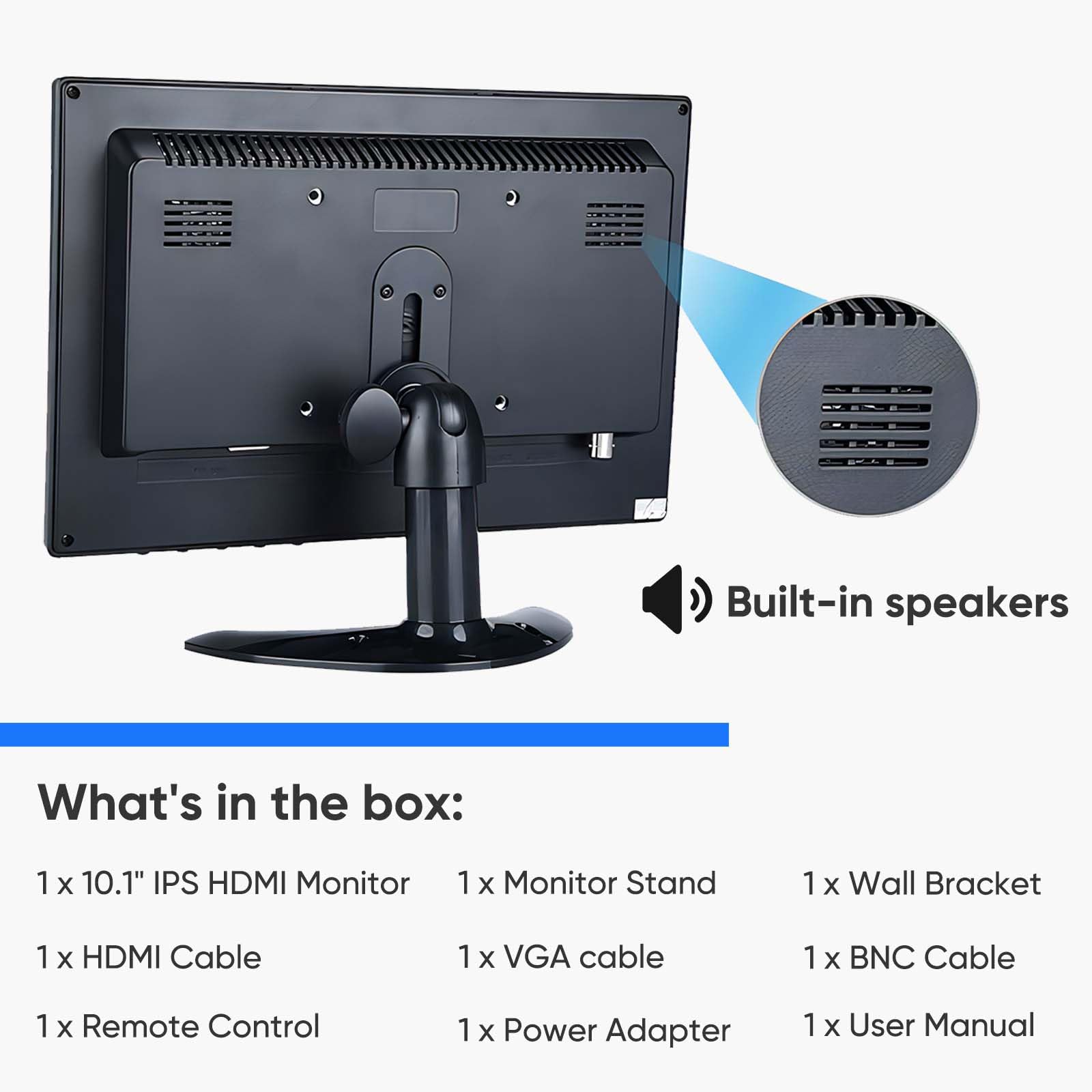 10.1 Inch IPS Monitor - 1920x1200 HD Display, 60Hz Refresh Rate, 16:10 Aspect Ratio, Built-in Speakers, HDMI Port for Gaming, CCTV Security Camera, Raspberry Pi, PC - Portable Screen for Home Office, Gaming Setup & Surveillance Systems
