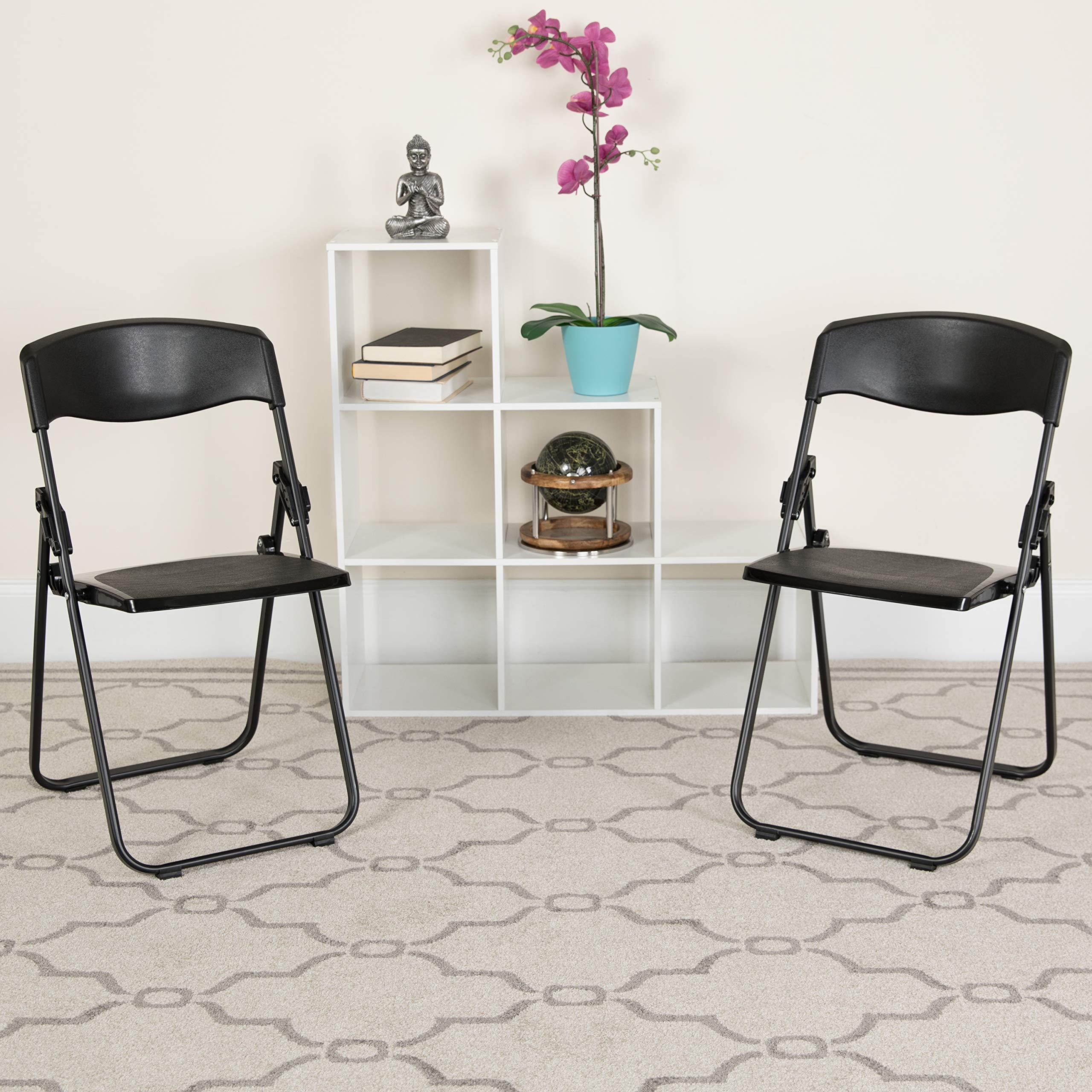 EMMA + OLIVER 2-Pack Black Plastic Folding Chairs with Built-in Ganging Brackets - Lightweight & Stackable for Outdoor Events, Parties, and Temporary Seating
