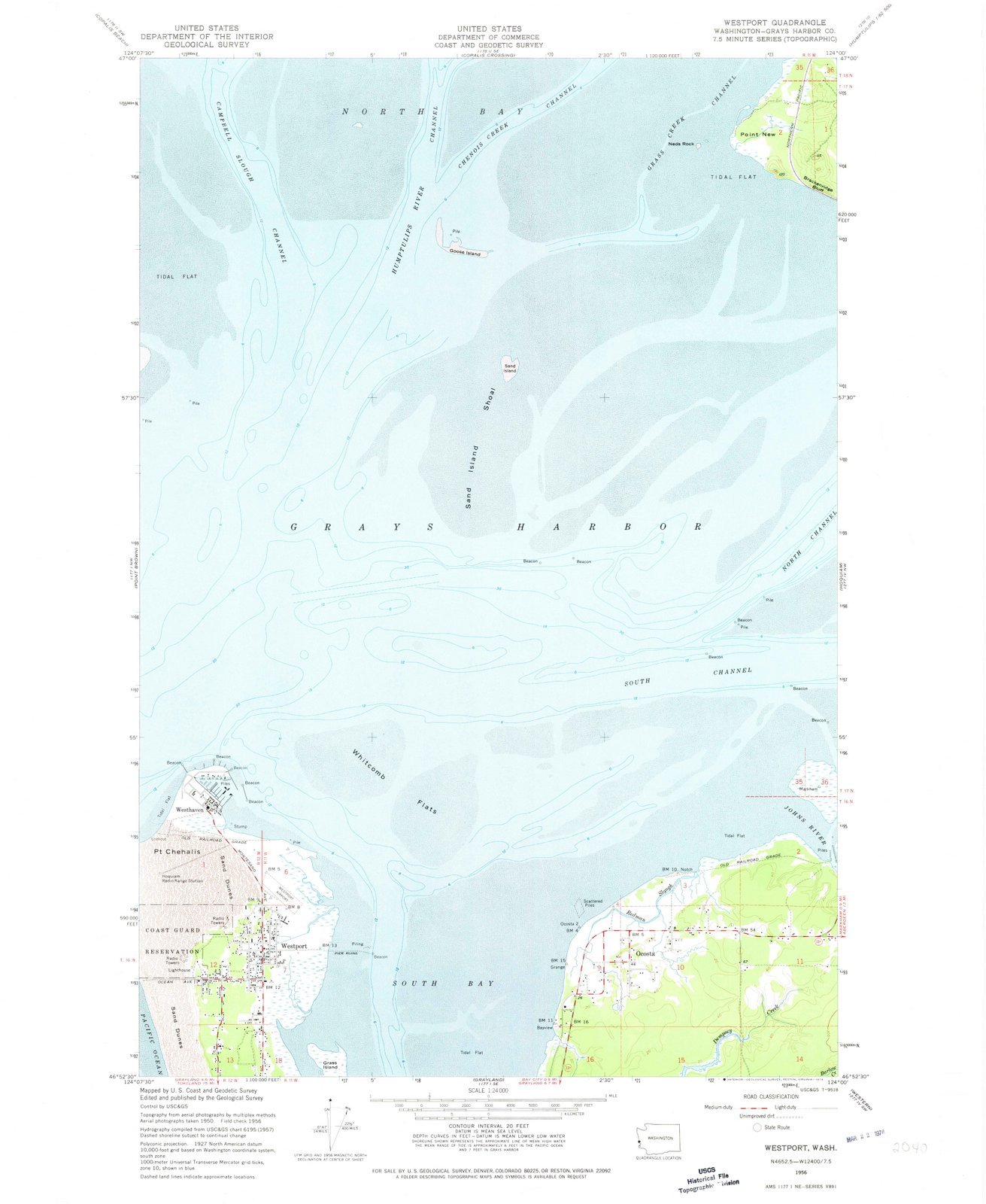 1956 Westport, WA USGS Historical Topographic Map - 44x55 Inch Large Wall Art Decor - Vintage Washington State Map for Home Office, Classroom & Gift