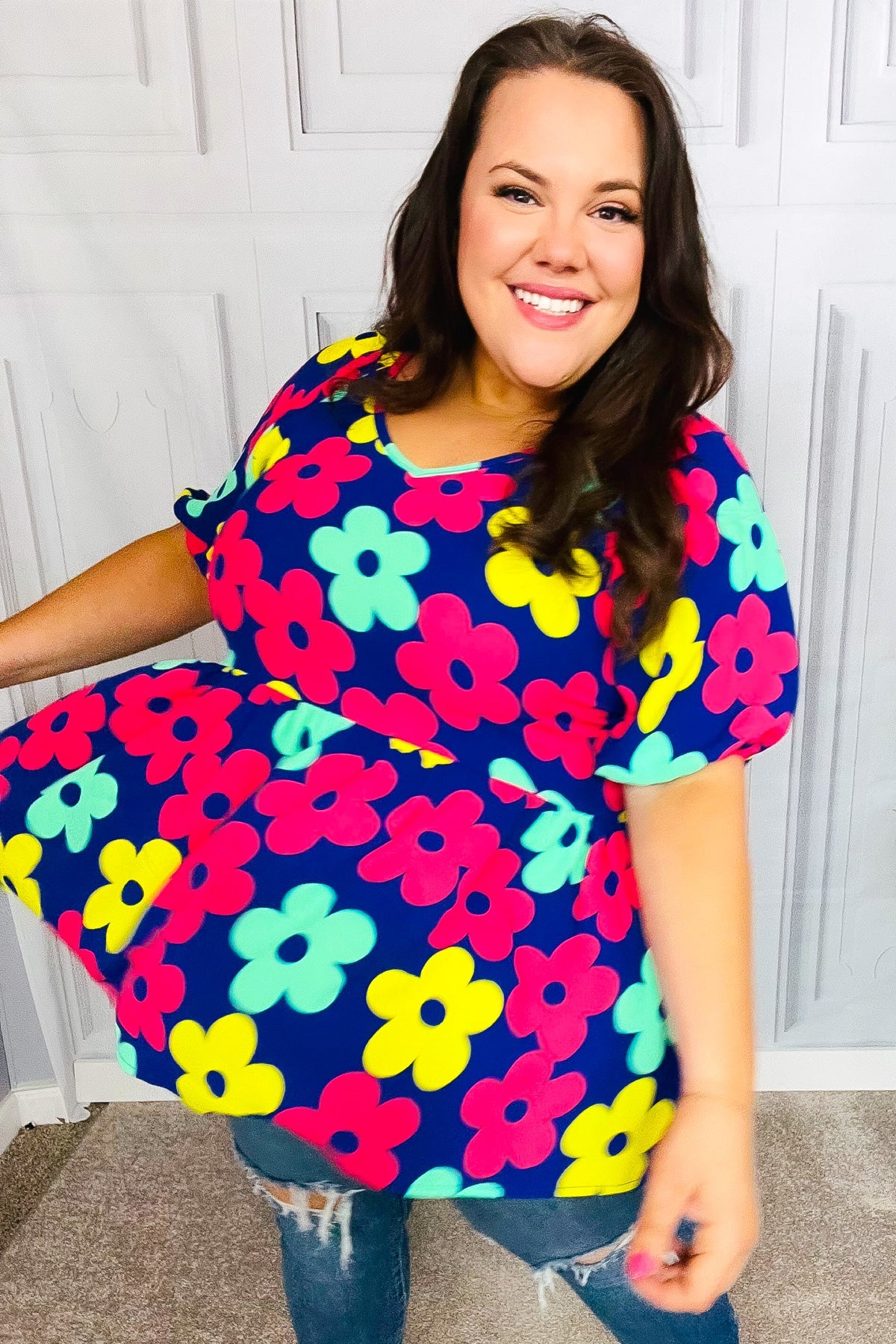 Haptics Navy Blue Floral Print Bubble Sleeve Babydoll Raglan Top - Casual Chic Blouse for Women, Perfect for Date Nights & Summer Outfits