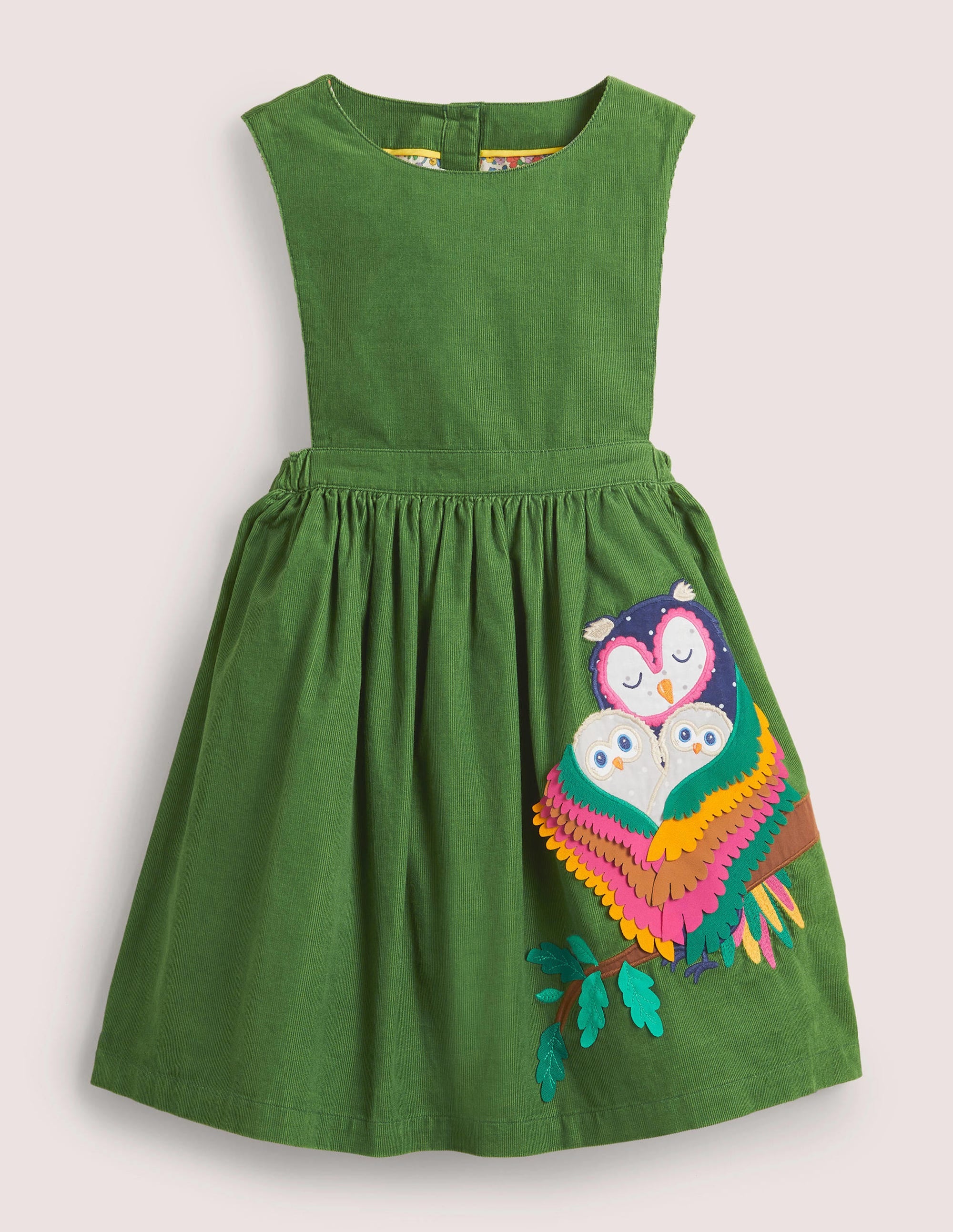 Stylish Olive Green Owls Appliqué Pinafore Dress for Girls - Perfect for School, Parties & Everyday Wear