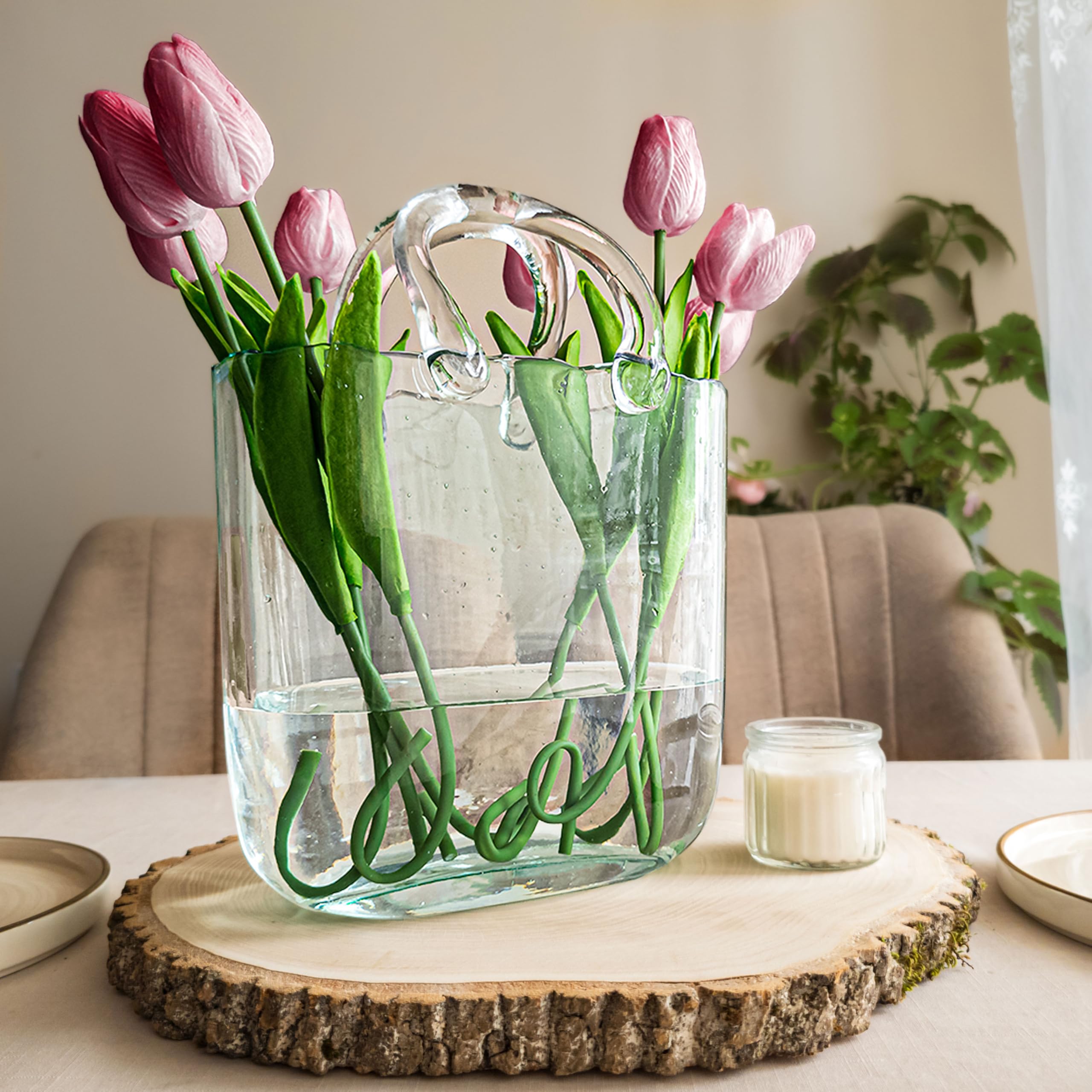 OLEEK Handmade Clear Glass Purse Vase - Elegant Flower Vase & Fish Bowl for Home Decor, Wedding Centerpieces, and Party Drinks - Unique Glass Handbag Vase for Flowers and Tabletop Decor