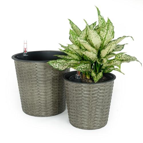 2 Pack Catleza Self-Watering Wicker Planters - Round Decorative Flower Pots for Indoor & Outdoor Use - Perfect for Home, Office, Patio and Garden Decor