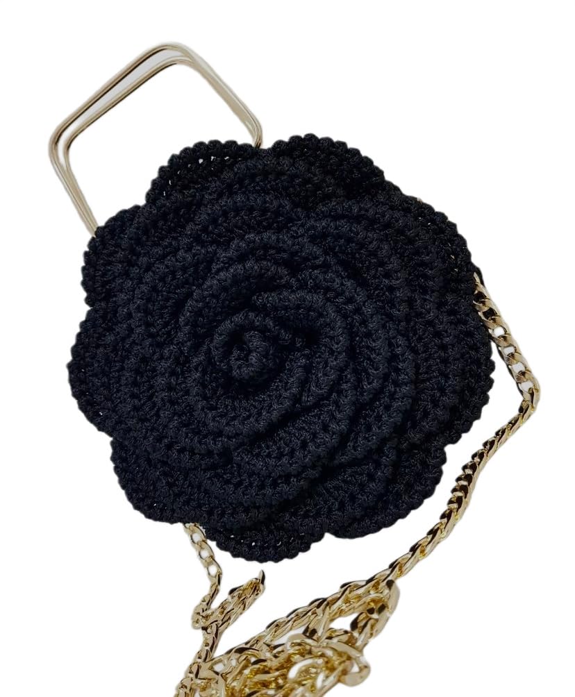 Elegant Rose-Shaped Crochet Clutch Purse for Women - Beige & Orange Floral Handbag Gift (Black) | Perfect for Weddings, Parties & Special Occasions
