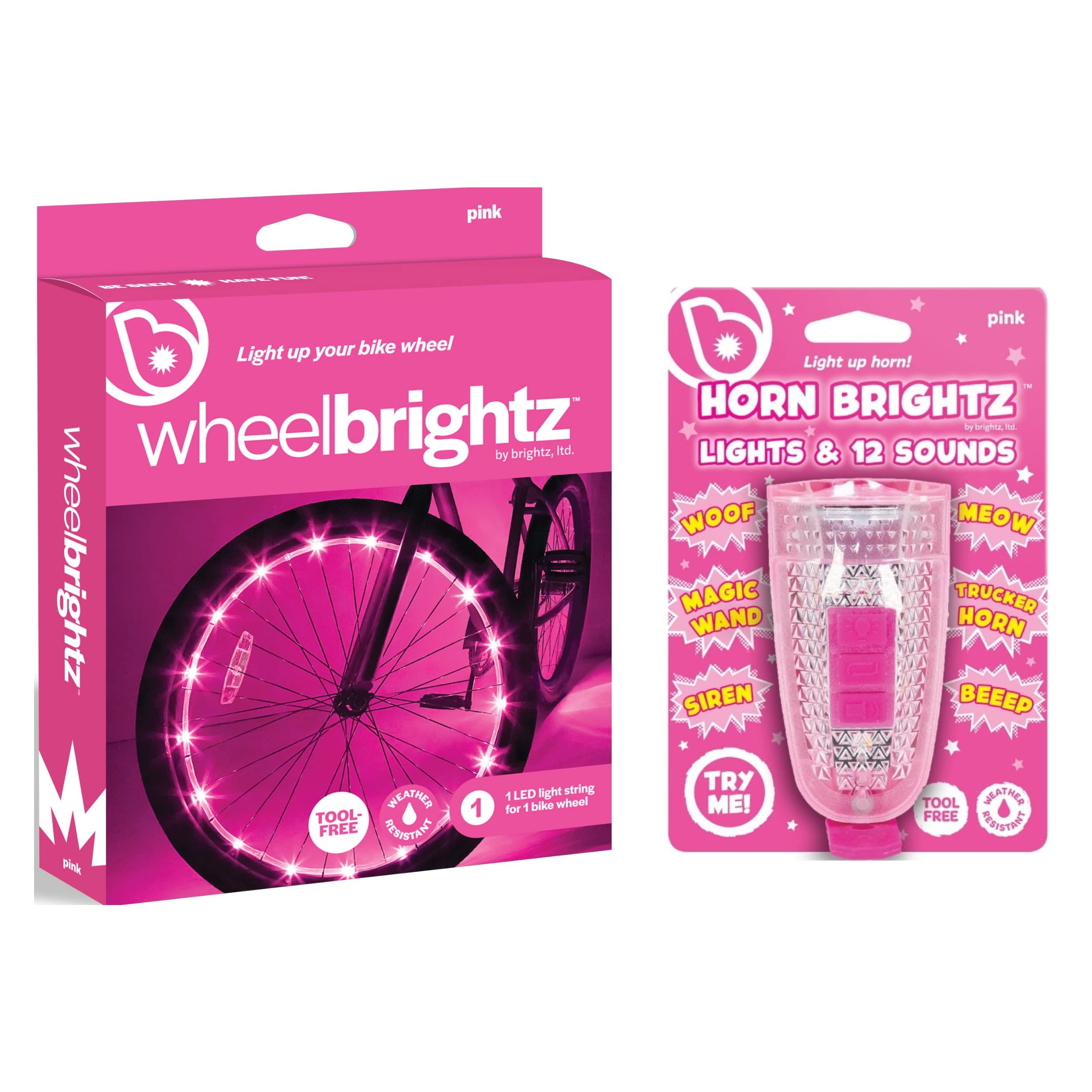 Brightz LED Bike Wheel Lights & Kids Bike Horn Combo - Pack of 2 WheelBrightz Bicycle LED Spoke Lights with Horn & 12 Unique Sound Effects - Perfect for Night Cycling, Kids Safety & Fun Rides