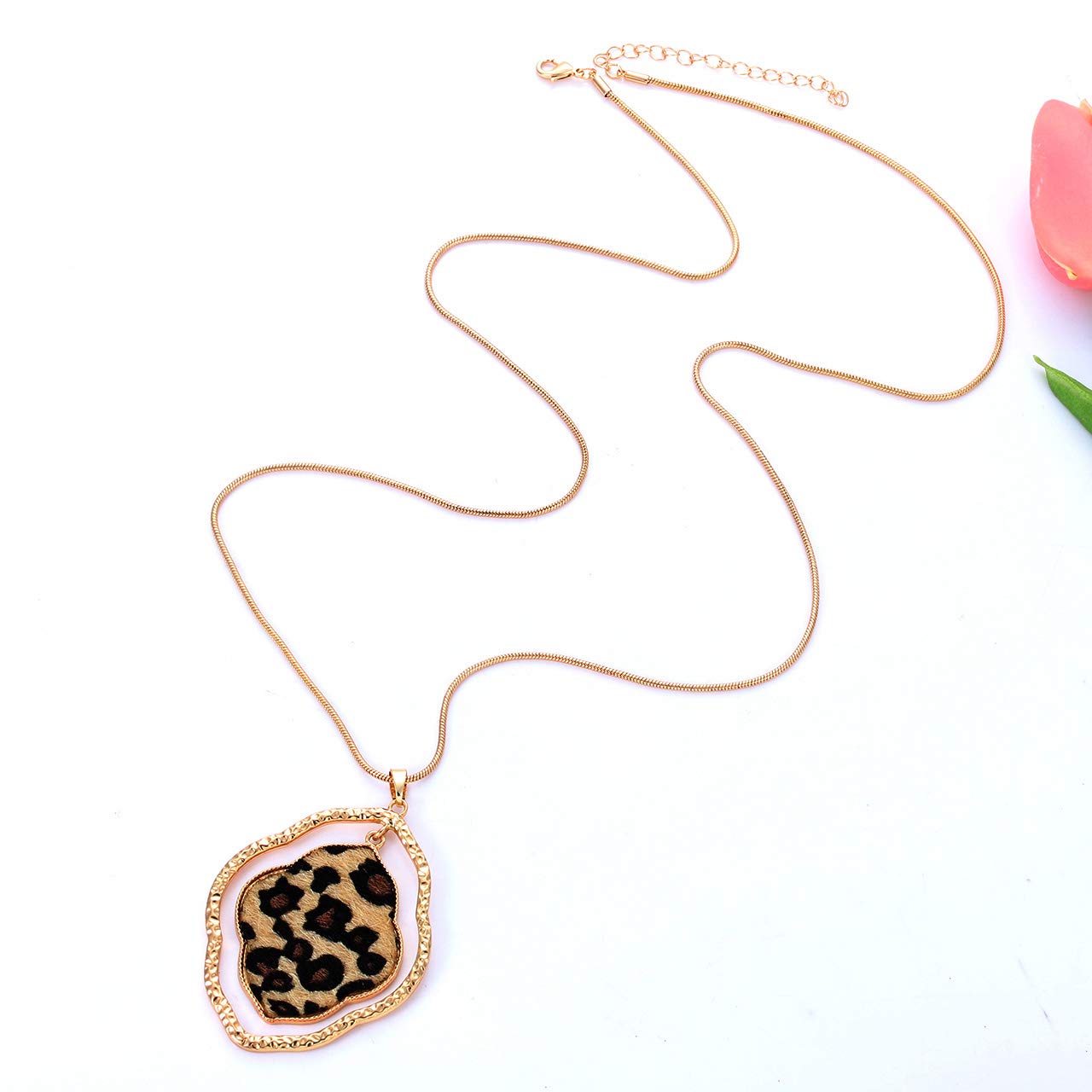 Women's Long Leopard Print Necklace - Gold Chain Leather Pendant for Casual & Party Wear | Animal Print Cheetah Fashion Jewelry for Everyday Style & Special Occasions
