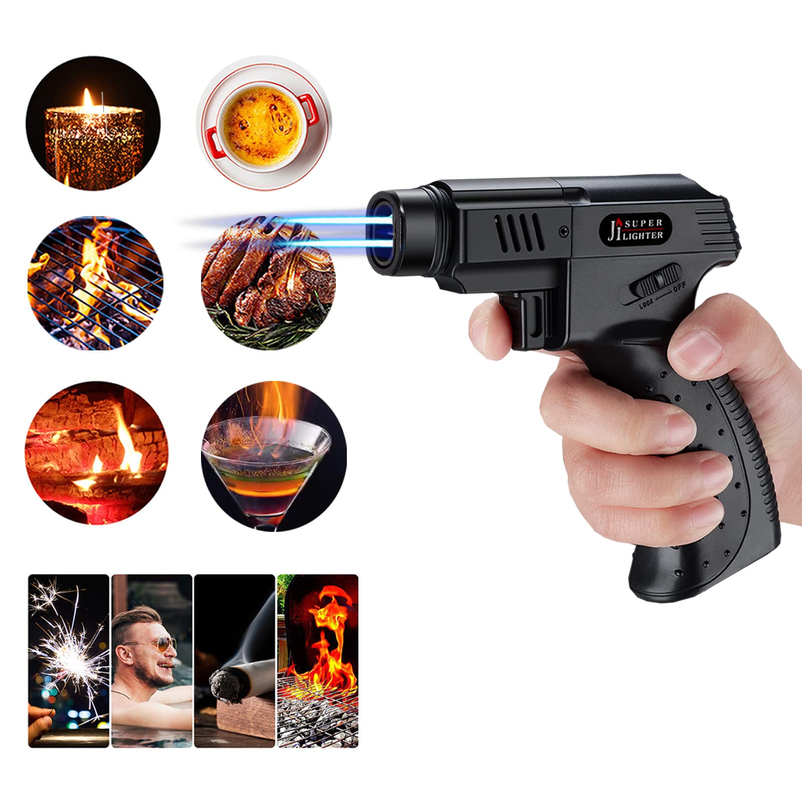 Refillable Dual Flame Butane Torch Lighter for Cooking, Baking & BBQ - Perfect for Creme Brulee, Desserts, Dabbing & Soldering - Kitchen Torch Gun Hand Lighter (Butane Not Included)