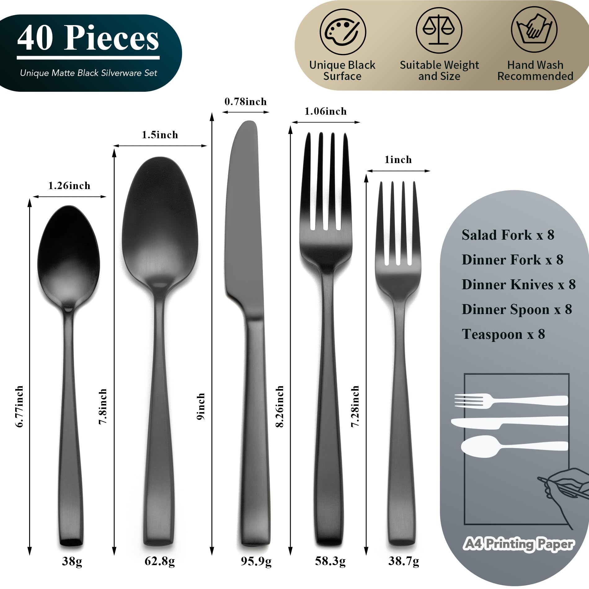 EIUBUIE 40-Piece Matte Black Silverware Set - Premium Stainless Steel Flatware Cutlery Set for 8 (Forks, Spoons, Knives) - Elegant Kitchen Utensils for Dinner Parties, Restaurants & Home Dining