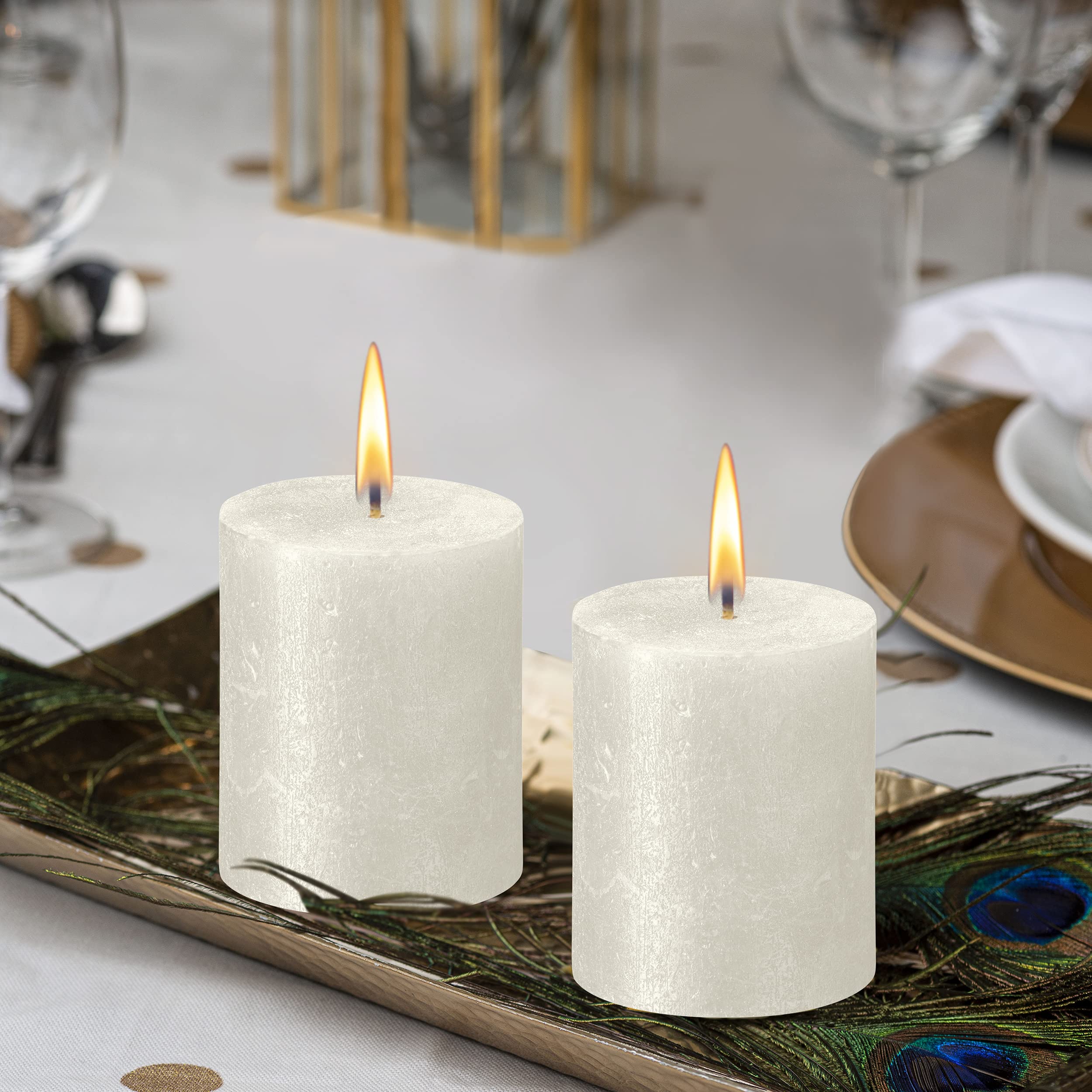 BOLSIUS Ivory Shimmer Metallic Pillar Candles 4 Pack - 2.75 x 3.25 Inches Unscented Dripless Candles - Premium European Quality Plant-Based Wax - 35 Hour Burn Time for Weddings, Parties & Home Decor