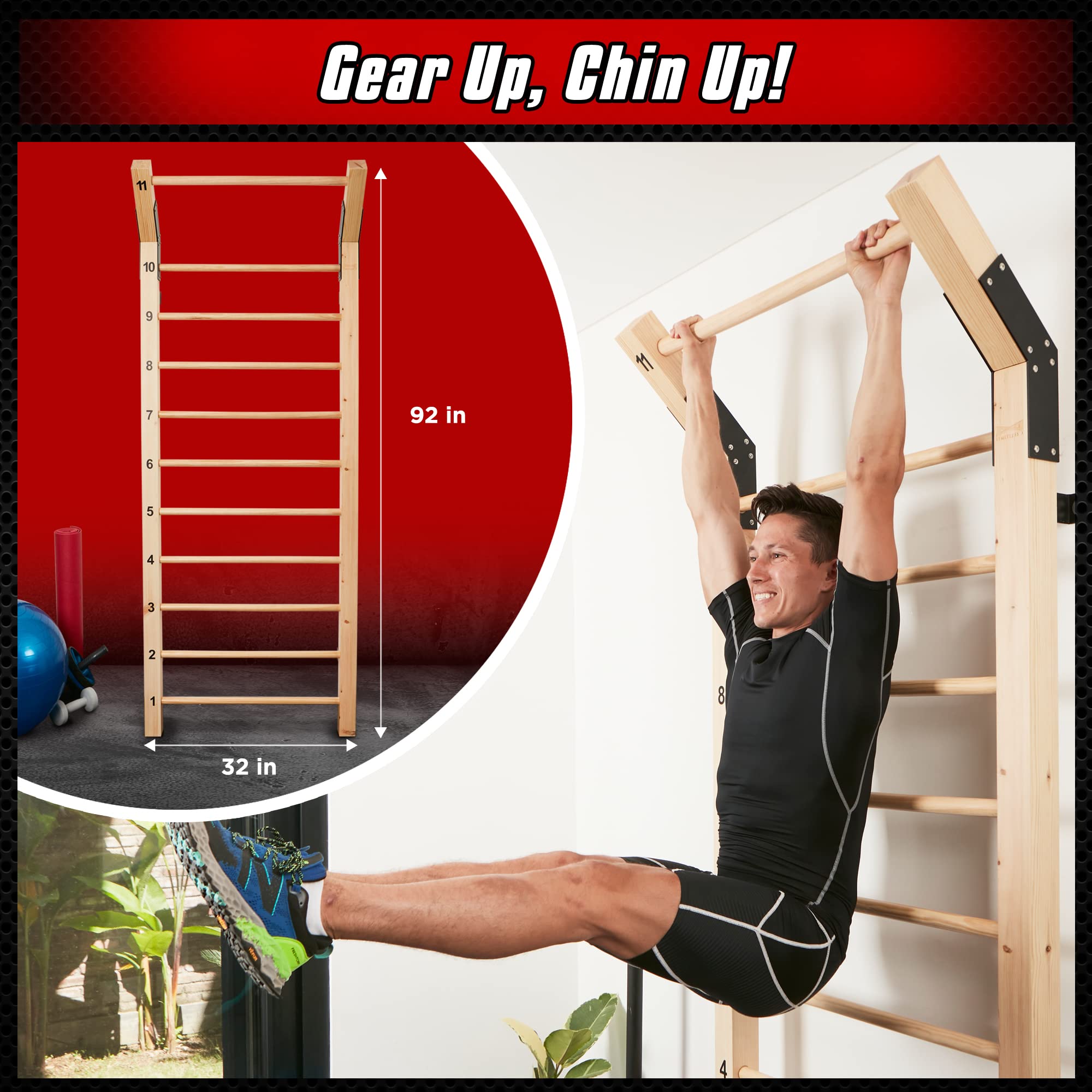 Swedish Ladder Wood Stall Bar - 11-Rung Gymnastic Equipment for Physical Therapy, Back Pain Relief & Scoliosis Exercise | Improve Range of Motion & Strength Training | Perfect for Home Gym, CrossFit & Rehabilitation