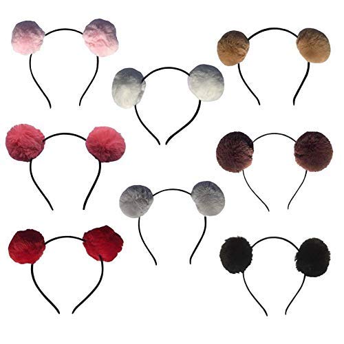 FAVELA Girls Fluffy Fur Ball Headband - Soft Pom Pom Hair Accessories for Kids (Set of 8) | Cute Animal Headband for Girls & Boys | Perfect for Halloween Costumes, Birthday Parties & Photo Shoots