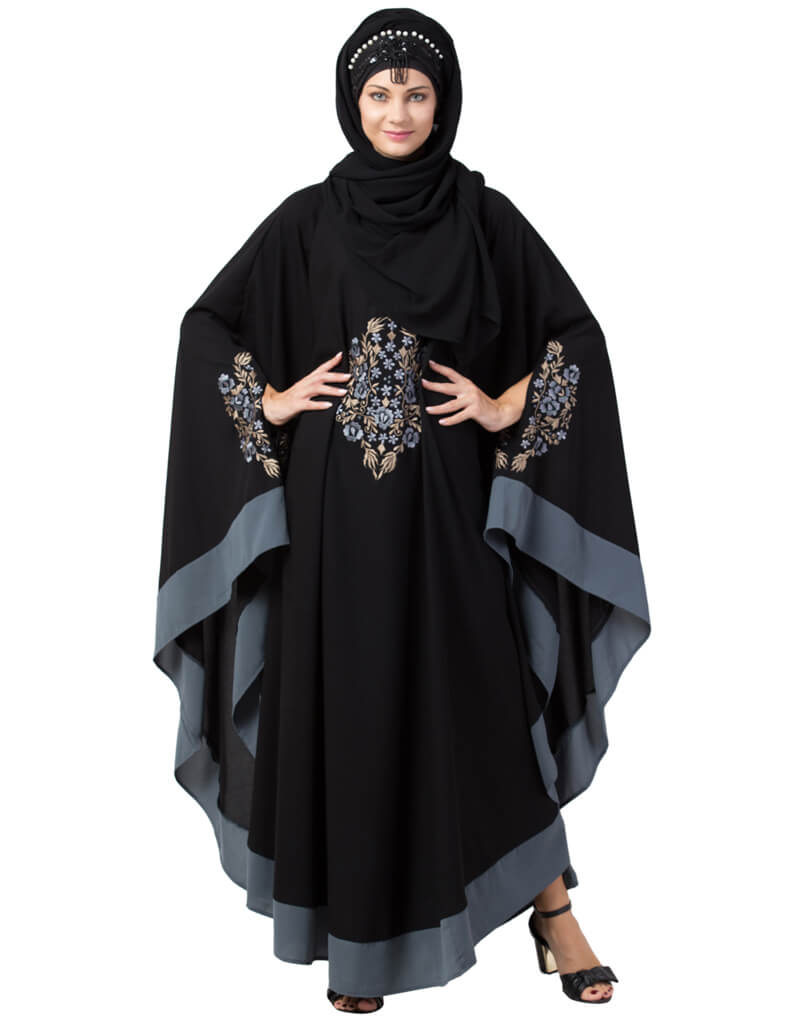 Elegant Arabic Center Embroidered Kaftan with Contrast Band - Traditional Iranian Black Abaya - Perfect for Eid, Weddings & Special Occasions