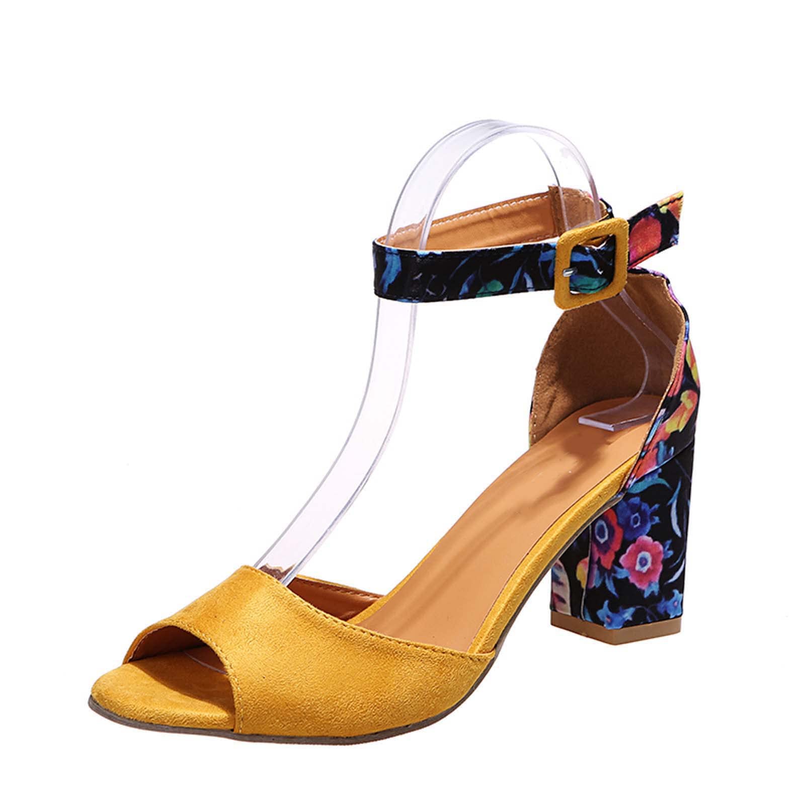 Women's Floral Chunky Heel Sandals with Ankle Strap & Buckle - Open Toe Fish Mouth Design Summer Casual Shoes for Women | Perfect with Jeans, Dresses & Summer Outfits