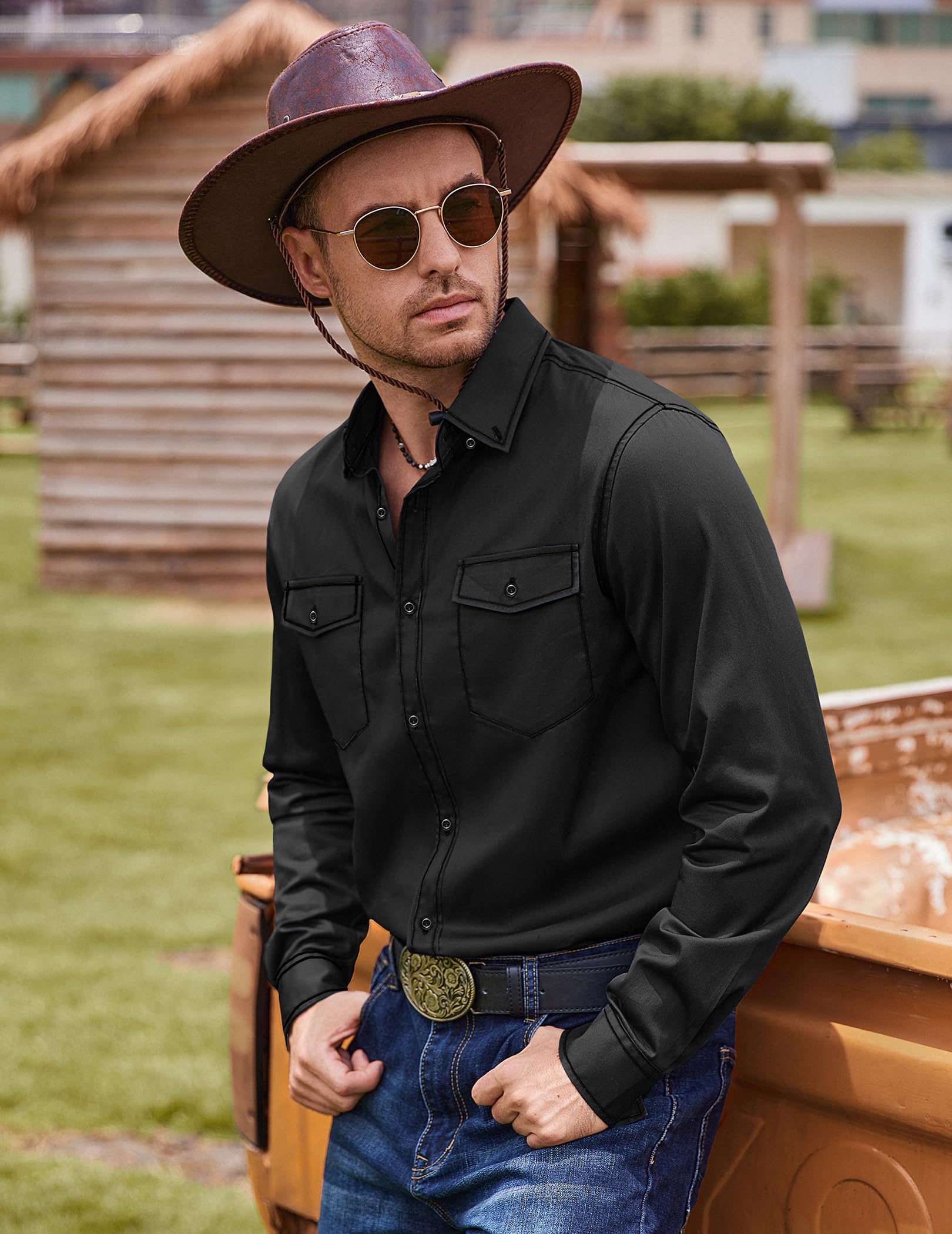 COOFANDY Men's Western Cowboy Shirts - 100% Cotton Long Sleeve Button Down Shirt with Two Front Pockets & Embroidered Design | Perfect for Rodeo, Country Music Festivals & Western Style Outfits