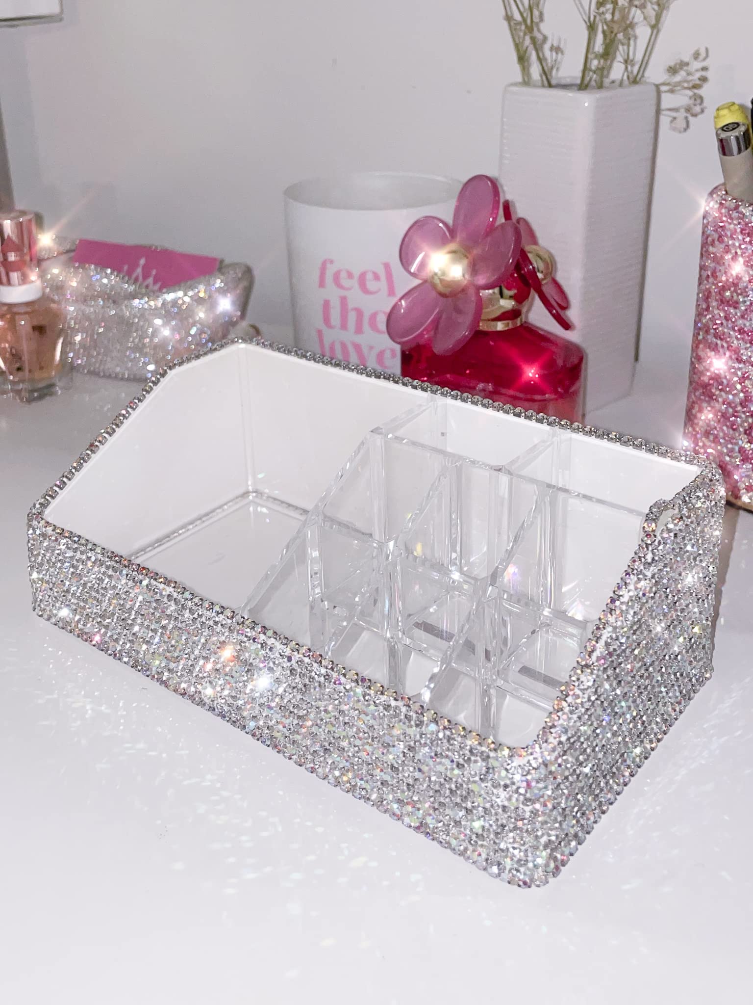 TISHAA Bling Dazzling Stylish Rhinestone Lipstick Organizer - White Makeup Storage Case for Desk & Vanity | Perfect for Cosmetics Display, Beauty Counter Organization & Gift Idea