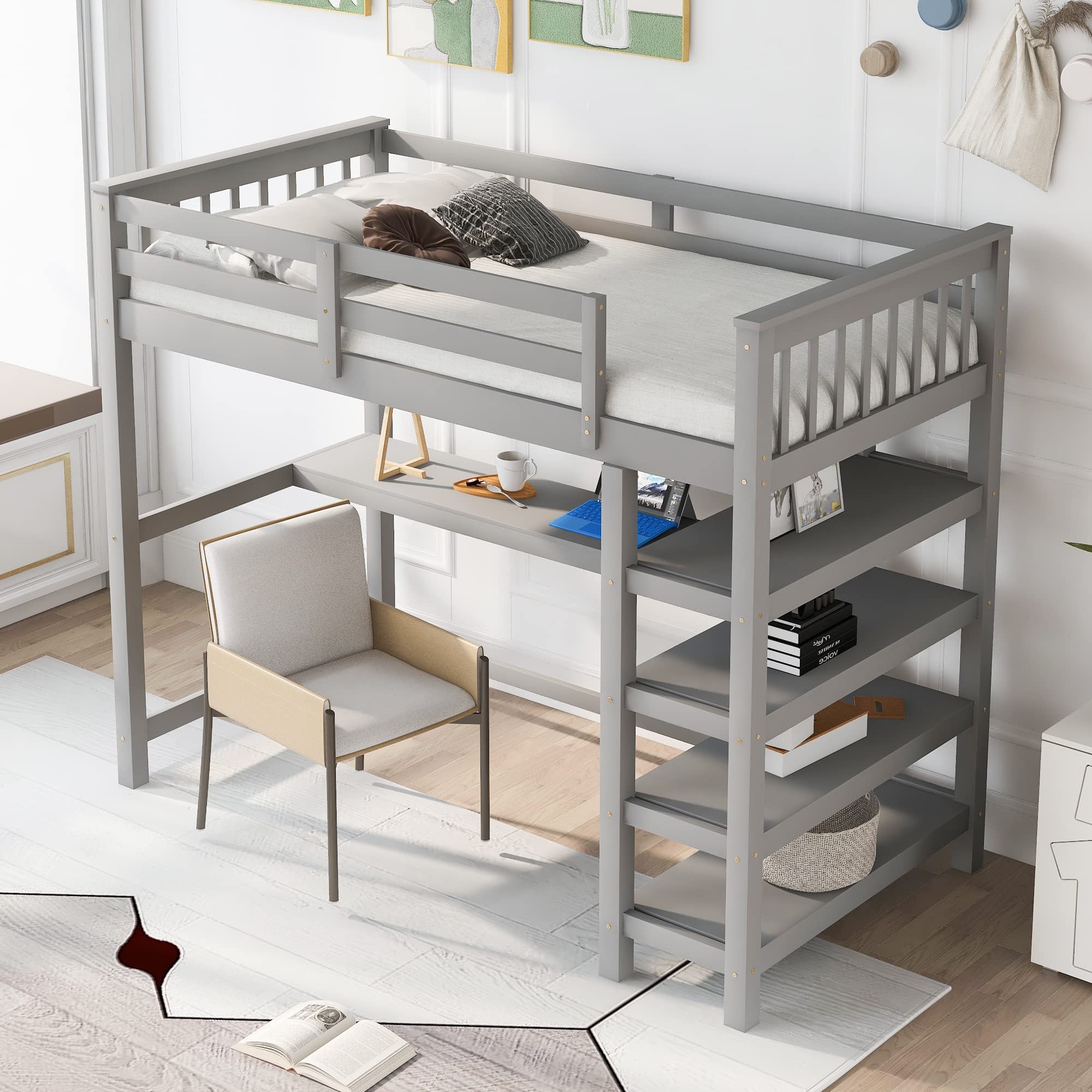 SOFTSEA Twin Loft Bed with Desk & Storage Shelves - Sturdy Wood Frame High Loft Bed for Kids & Teens - Perfect for Small Bedrooms, Dorms & Space-Saving Kids Rooms