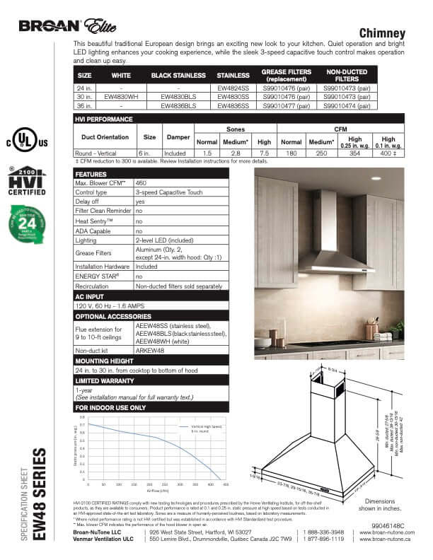 Broan 30-Inch Elite EW48 Series Range Hood - Stainless Steel & Black Stainless Steel Options (EW4830) | Powerful Kitchen Ventilation for Gas & Electric Stoves