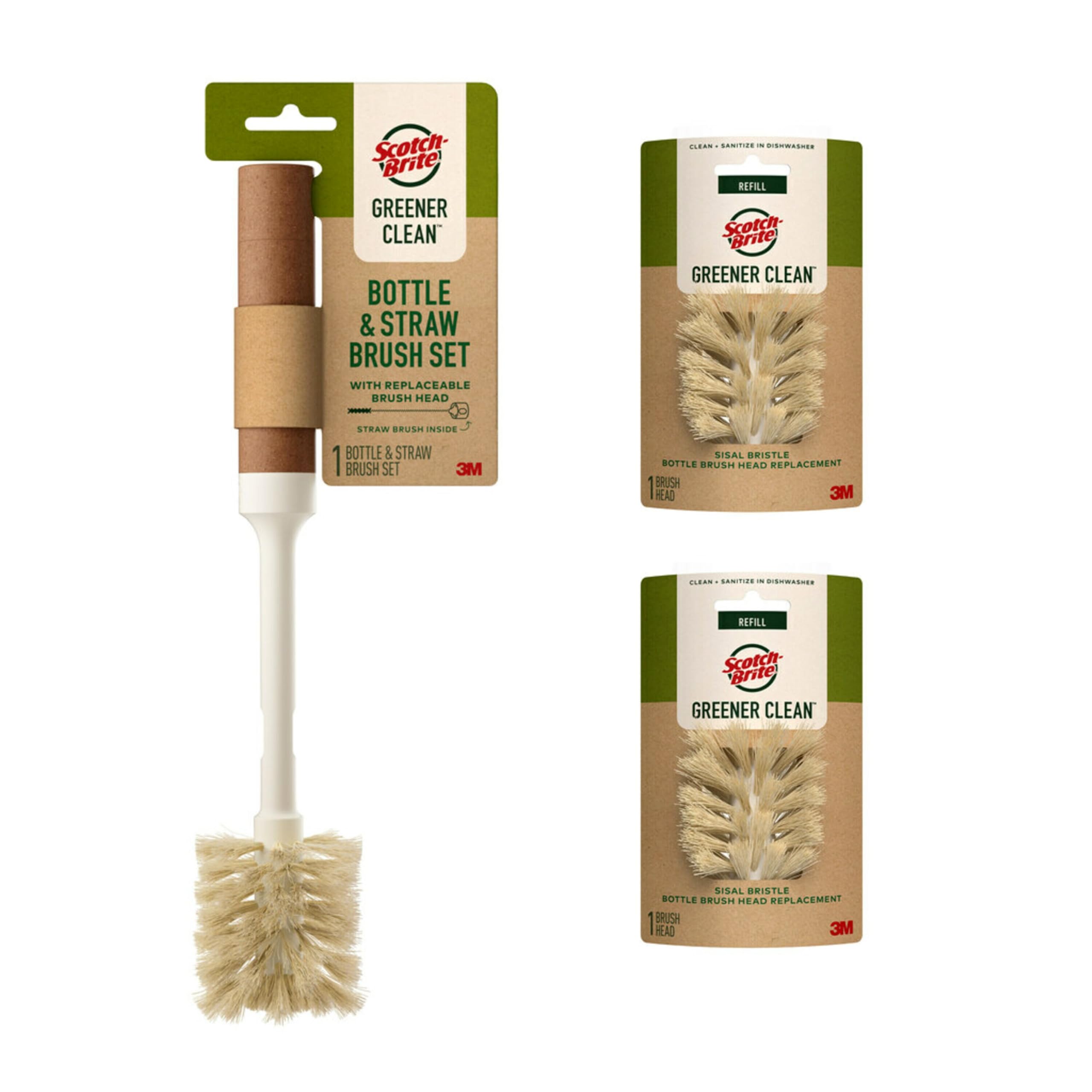 Scotch-Brite Greener Clean Bottle & Straw Brush Set - 2 Replaceable Brush Heads, Safe for Insulated Mugs, Water Bottles, Glassware, Food Processors & Blenders - Dishwasher Safe - Perfect for Cleaning Reusable Bottles, Baby Bottles, and Kitchen Appliances