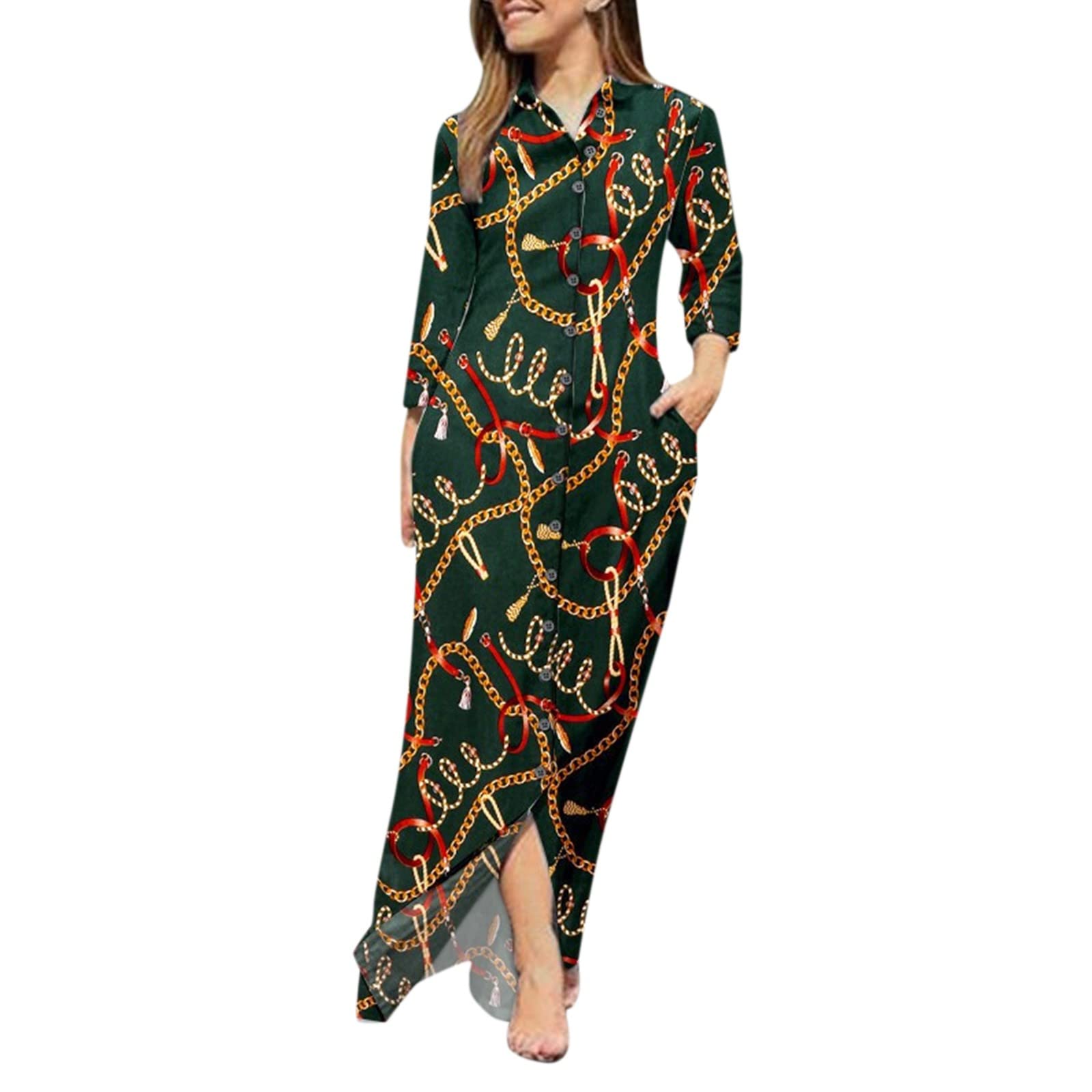 FRETRG Women's Long Sleeve V-Neck Button Down Dress with Lapel - Floral Print Elegant Robe Style Shirt Dress for Office, Party & Special Occasions