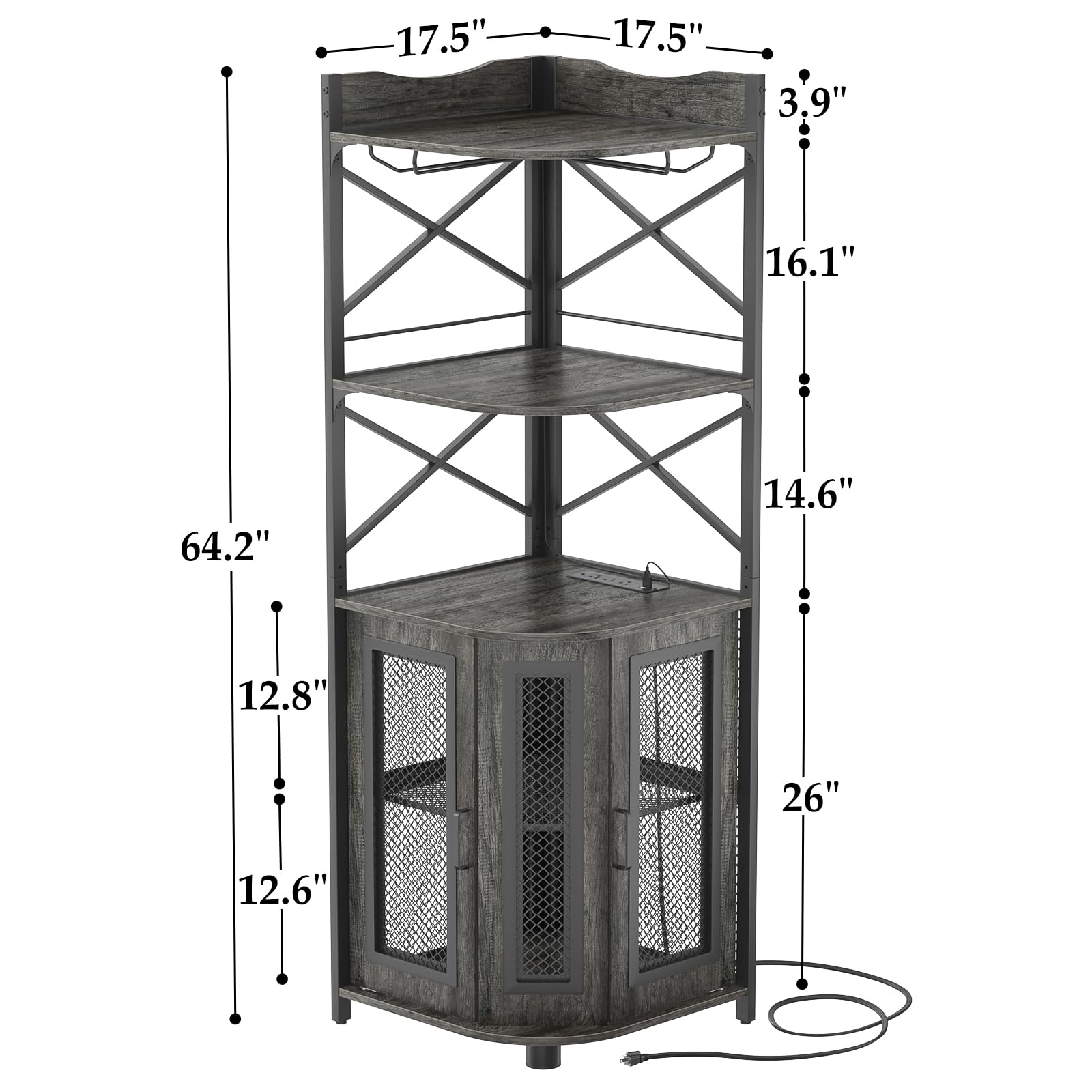 Industrial 5-Tier Corner Bar Cabinet with Power Outlet & LED Lighting - Modern Wine Liquor Storage Cabinet with Glass Holder, Black - Perfect for Small Spaces, Home Bars, and Stylish Corner Displays