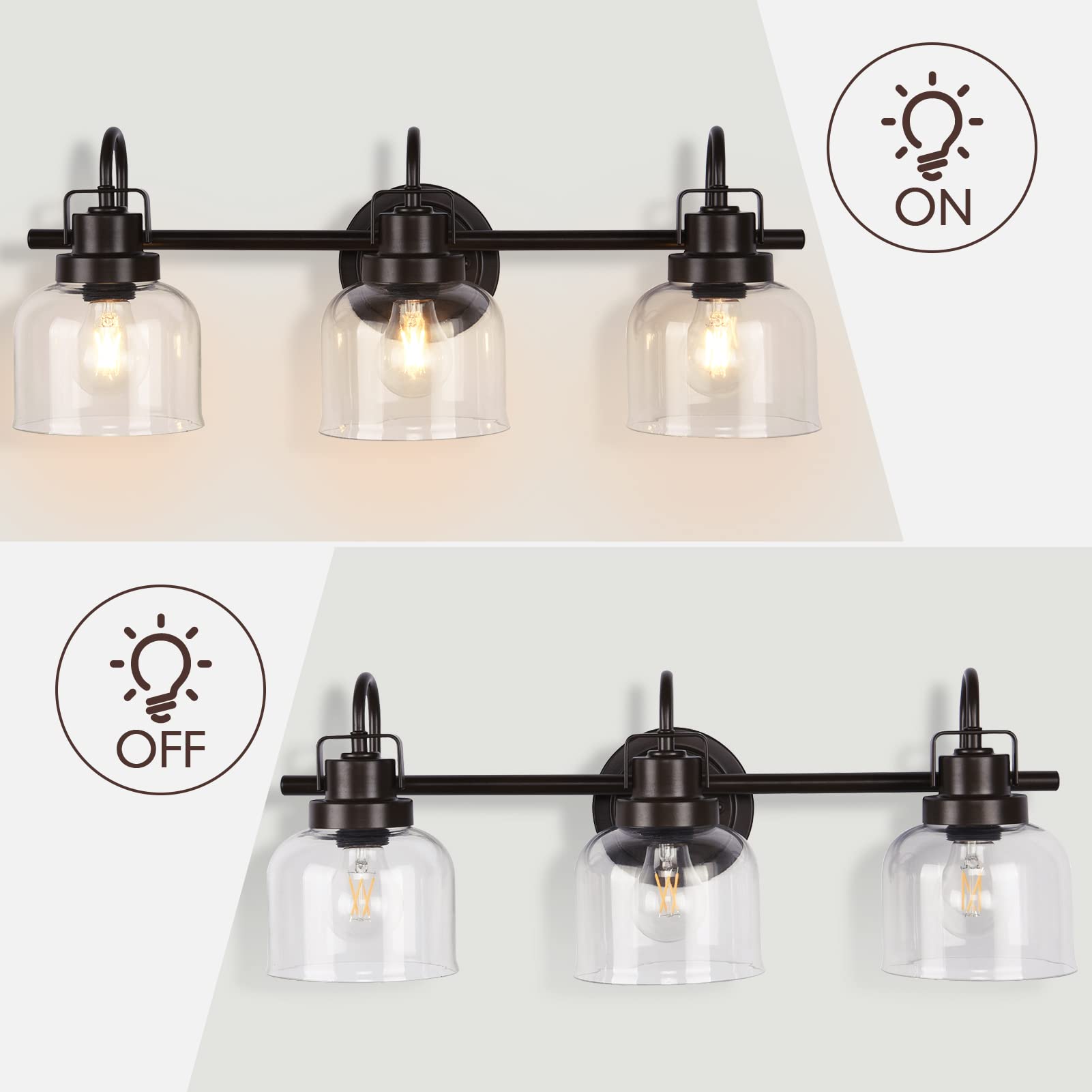 Bronze Bathroom Vanity Lights - 3-Light Fixture with Clear Glass Shade for Bathroom & Living Room