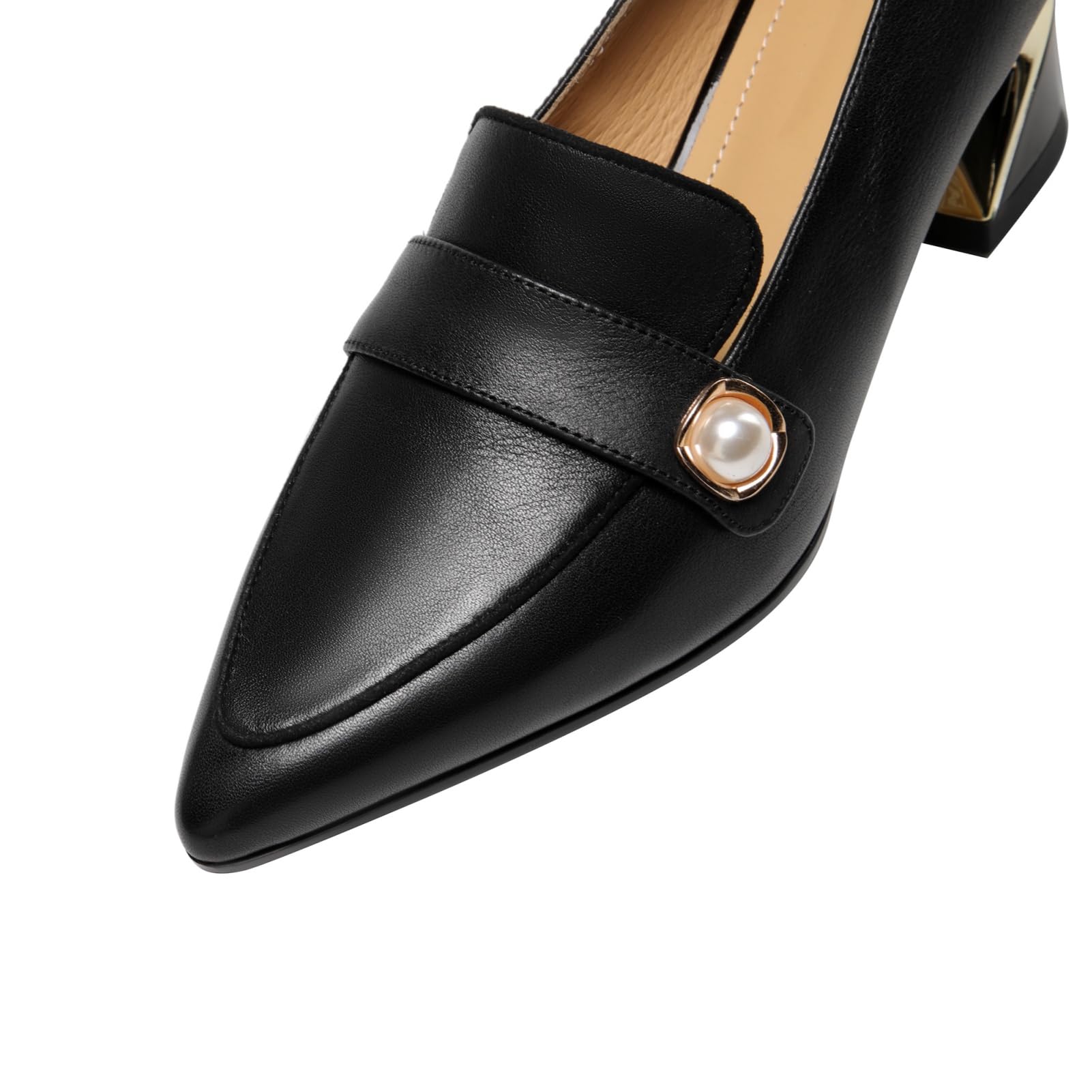 TinaCus Women's Pointed Toe Genuine Leather Chunky Heel Slip-On Pumps with Pearl Decor - Elegant Dress Shoes for Work, Party & Wedding Occasions