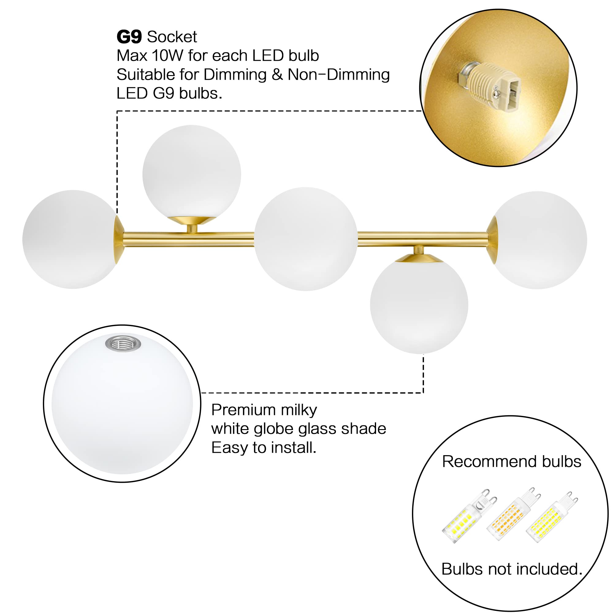 Vintage Brass Bathroom Vanity Lights - 5-Light Mid Century Modern Fixture with Milk Glass Globes, Gold Finish, G9 Base - Perfect for Bathroom, Powder Room & Dressing Area Lighting