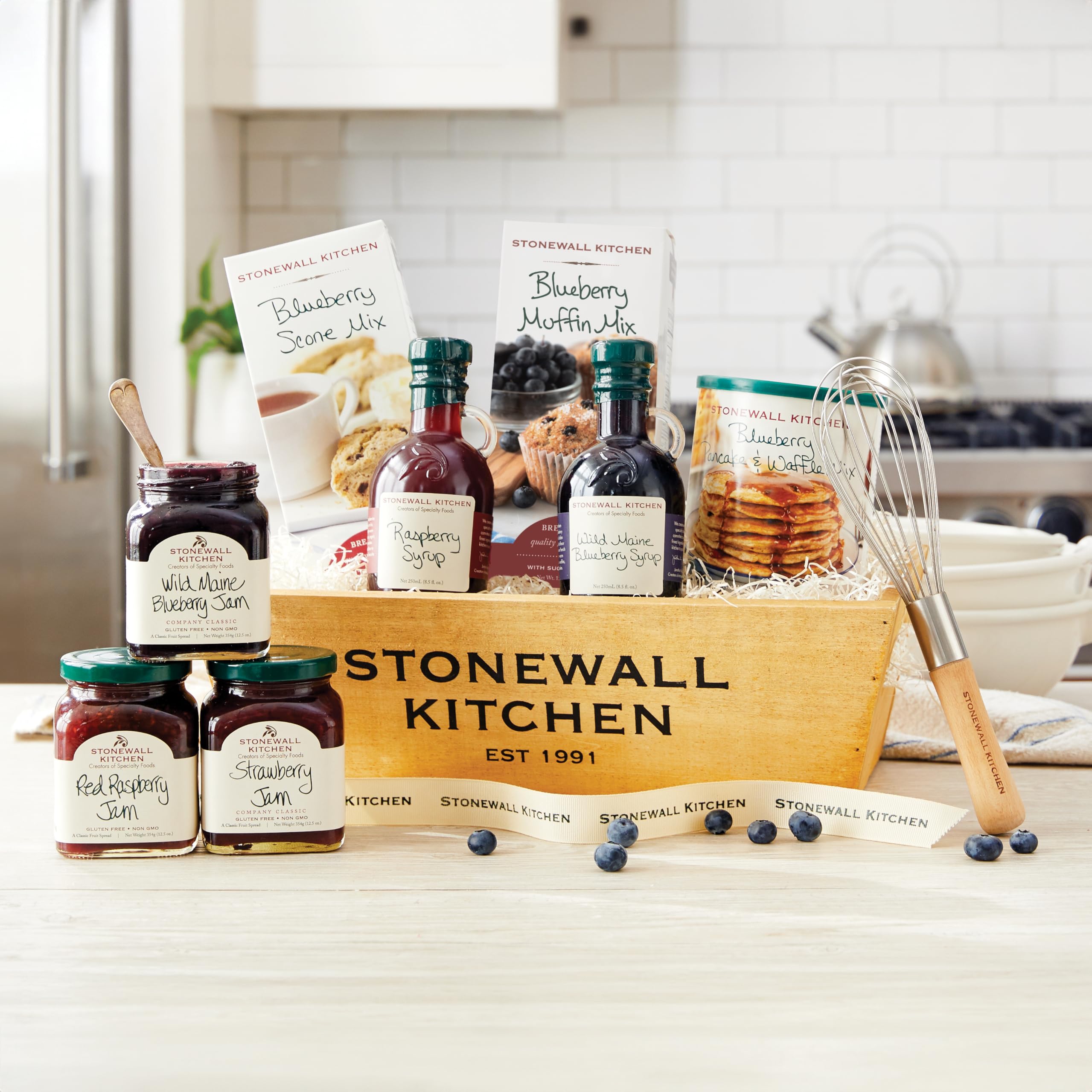Stonewall Kitchen Berry Breakfast Gift Basket - 9 Piece Wooden Gift Box Set with Strawberry Jam, Pancake Mix & More | Perfect for Holidays, Housewarming & Corporate Gifts