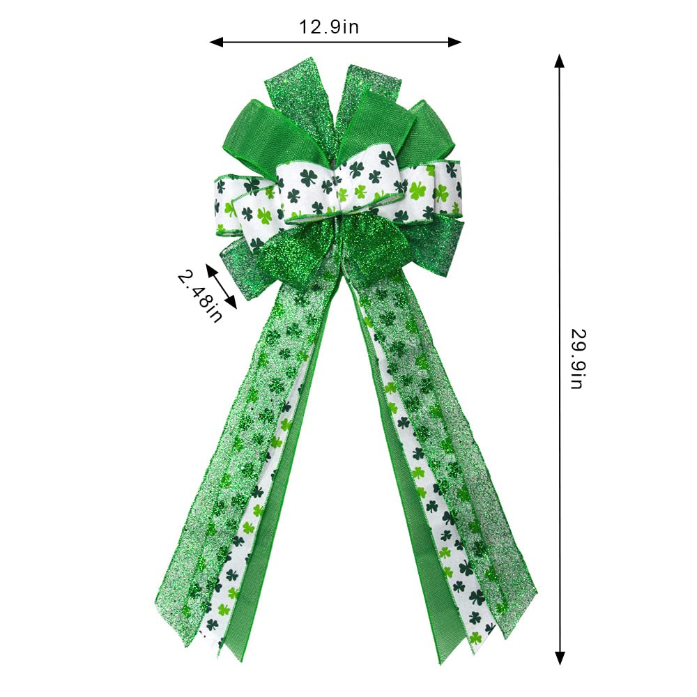 Large St. Patrick's Day Wreath Bows - Green Glitter Shamrock Decor for Front Door, Irish Holiday Party Hanging Ornaments | Perfect for Outdoor Decorations, Wreath Accents & St. Patrick's Day Celebrations