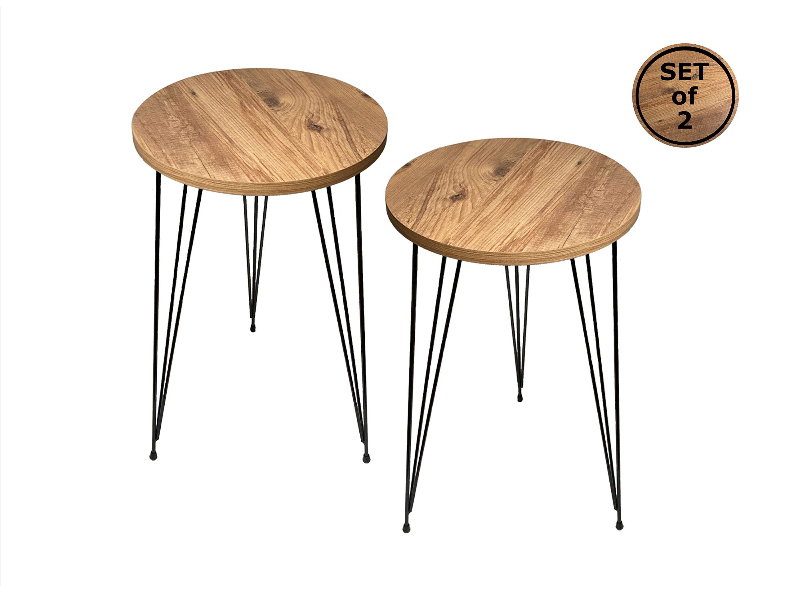 PAK HOME - Set of 2 Round Pine Wood End Tables with Black Metal Legs, Nightstand & Sofa Side Tables for Small Spaces - Perfect for Bedroom, Living Room, Home Office & Balcony Decor | Compact Coffee Tables for Cozy Corners & Modern Interior Design