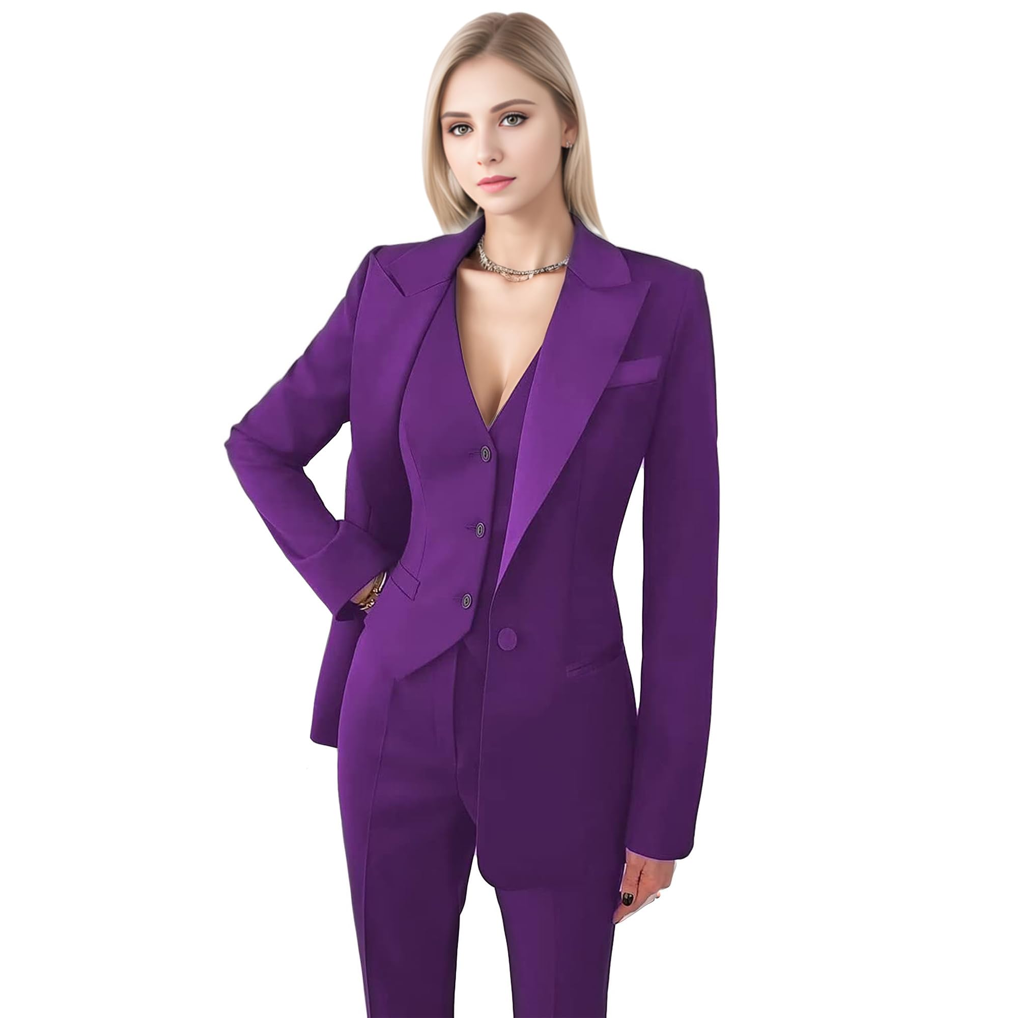 Women's 3-Piece Satin Pant Suit Set - Professional Office Work Outfit in Purple | Formal Business Attire for Corporate Meetings & Career Events