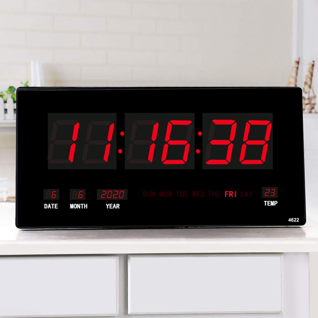 18.5 Inch Large Oversized LED Digital Clock with Temperature & Calendar Display - Date, Day of Week - Electric Wall/Desk Mounted Timer (Red) - Perfect for Home, Office, Bedroom, Kitchen & Classroom Decor