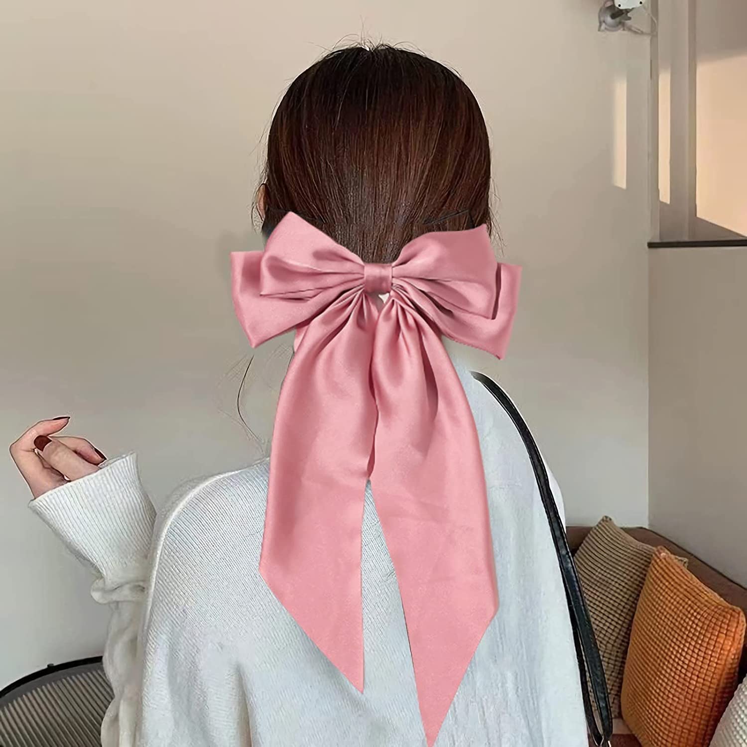 Ginoya Brothers Silky Satin Hair Barrettes for Women - Large Bow Hair Clips, Metal Hair Slides, Soft Plain Color Bow Knot Hairpins (Baby Pink) | Perfect for Weddings, Parties, and Everyday Hair Styling
