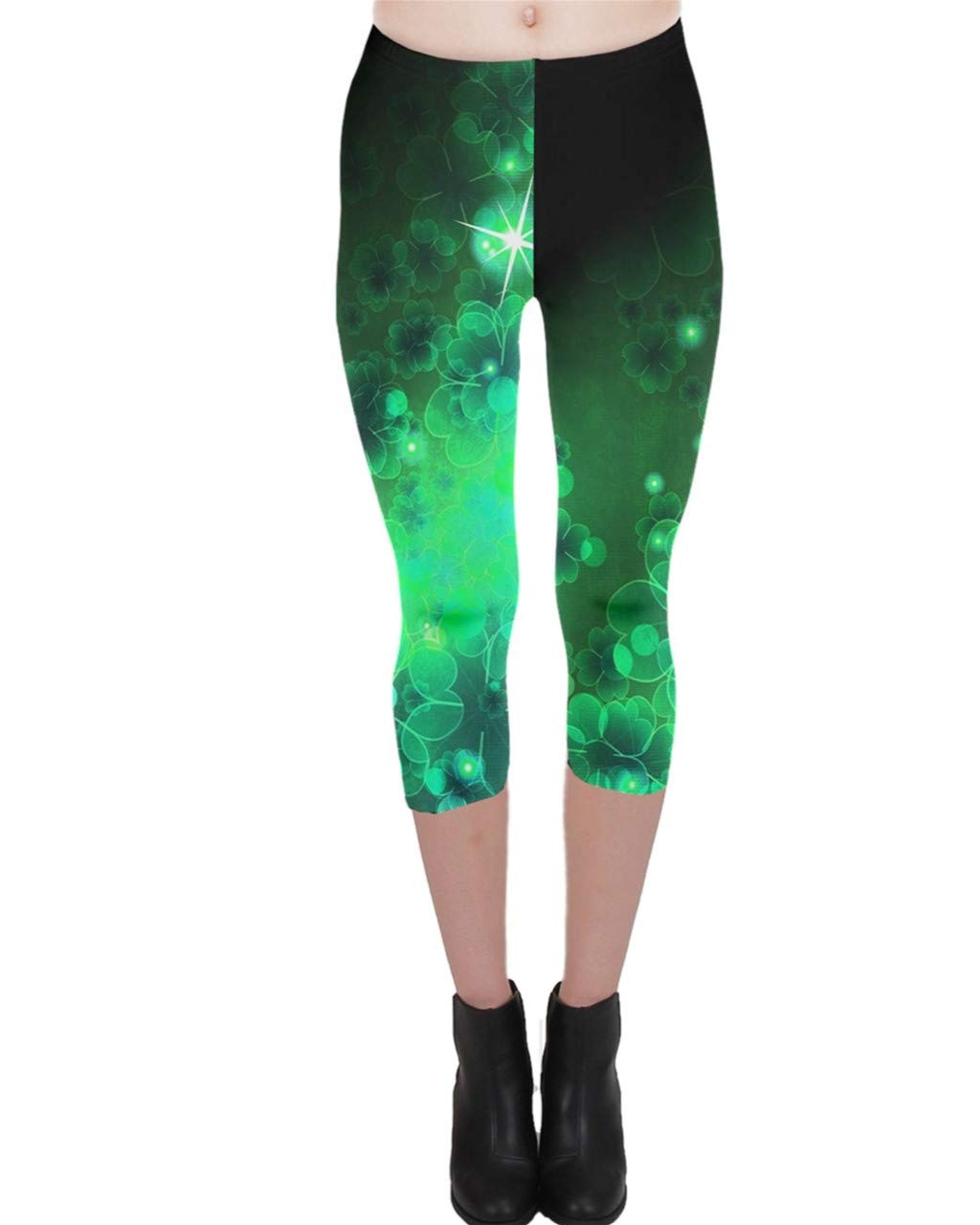 CowCow Women's St. Patrick's Day Clover Shamrock Print Stretchy Capri Leggings - Regular & Plus Size - Comfortable Yoga Pants for Festive Wear, Irish Themed Parties & Holiday Outfits