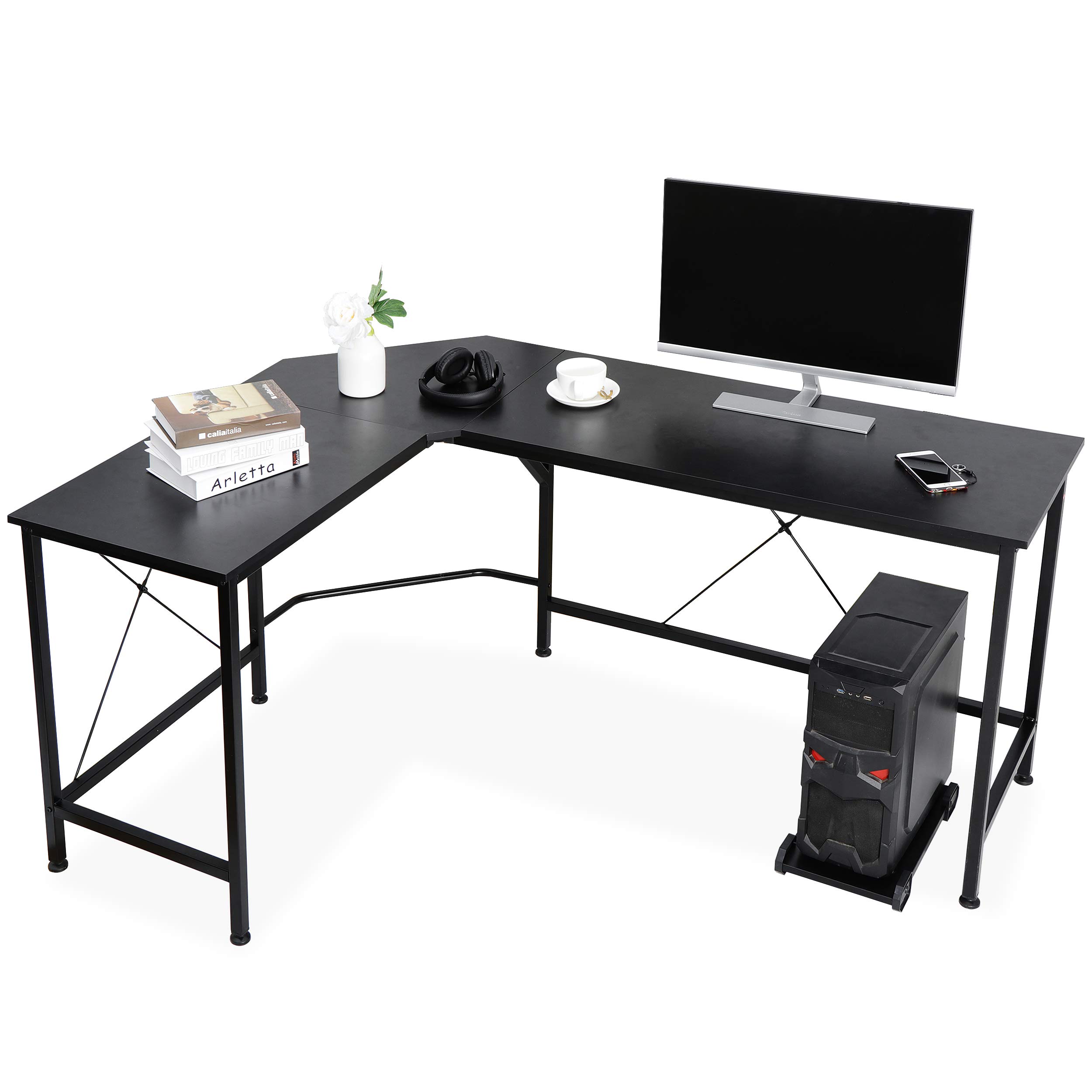 HomGarden L-Shaped Computer Desk - Modern Corner Workstation for PC & Laptop, Sturdy Wood Desktop with Metal Frame (Black) - Perfect for Home Office, Gaming & Study Spaces