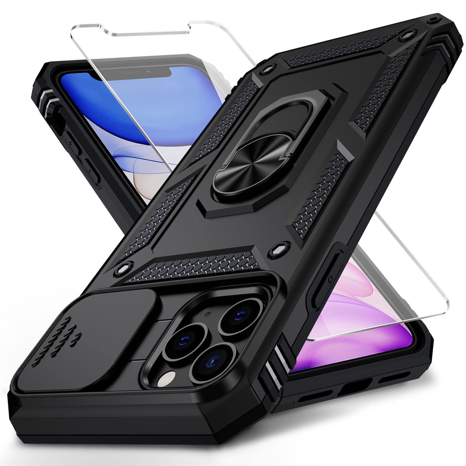 Premium iPhone 11 Pro Max Case with Camera Lens Cover & HD Screen Protector - 10FT Military Drop Protection, Magnetic Ring Holder & Kickstand - Shockproof Protective Phone Cover for iPhone 11 Pro Max (Black) - Perfect for Outdoor Activities, Travel & Daily Use