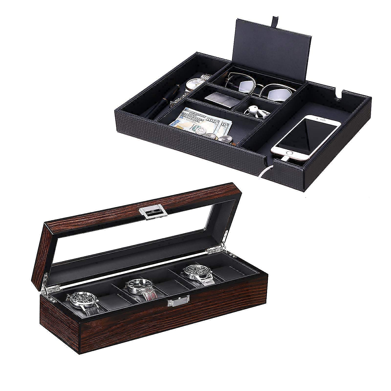 BEWISHOME Premium Leather Valet Tray for Men - Dresser Organizer, Nightstand Tray & Luxury Watch Box Set - Perfect for Jewelry, Keys, Wallet Storage - Ideal Gift for Men's Bedroom & Office Decor
