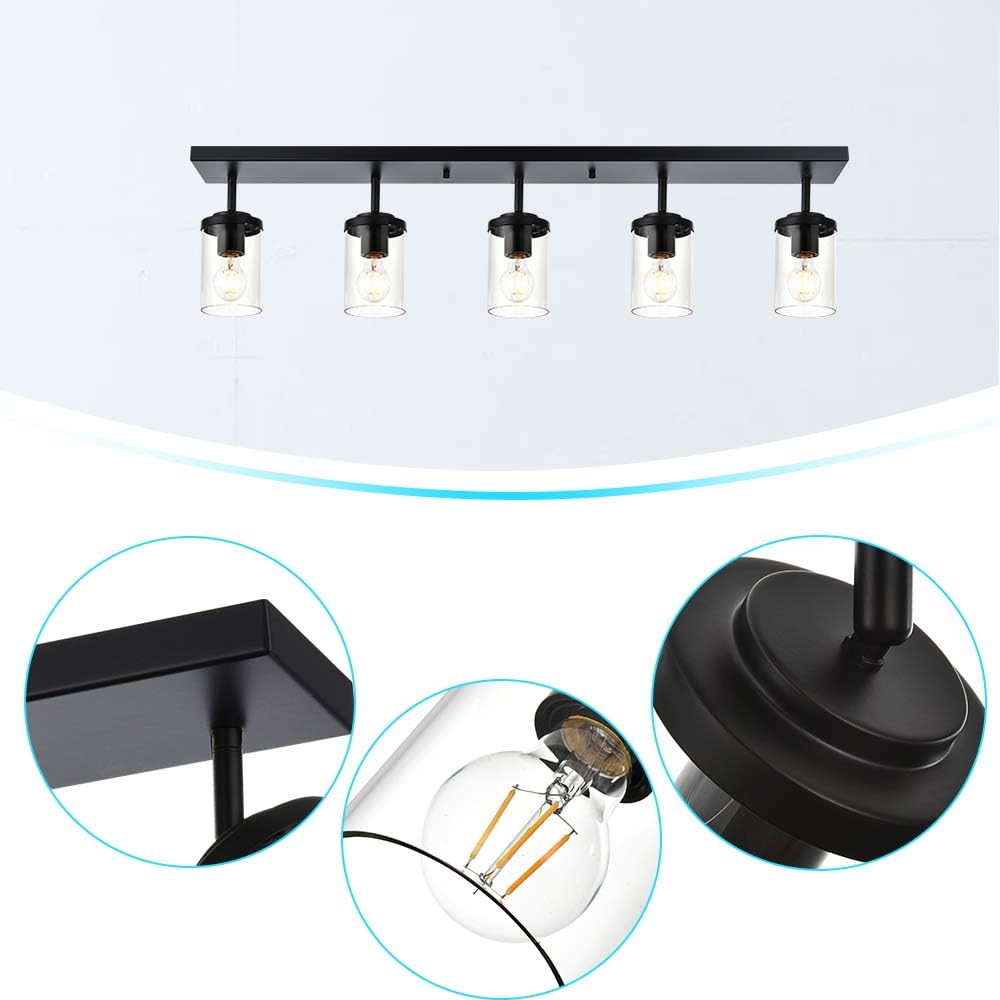BONLICHT 5-Light Black Track Lighting Kit - Modern Semi Flush Mount Ceiling Spot Lights Fixture with Clear Glass Shade - Industrial Vanity Light for Bathroom, Kitchen, Living Room & Bedroom - Perfect for Home, Office and Commercial Spaces
