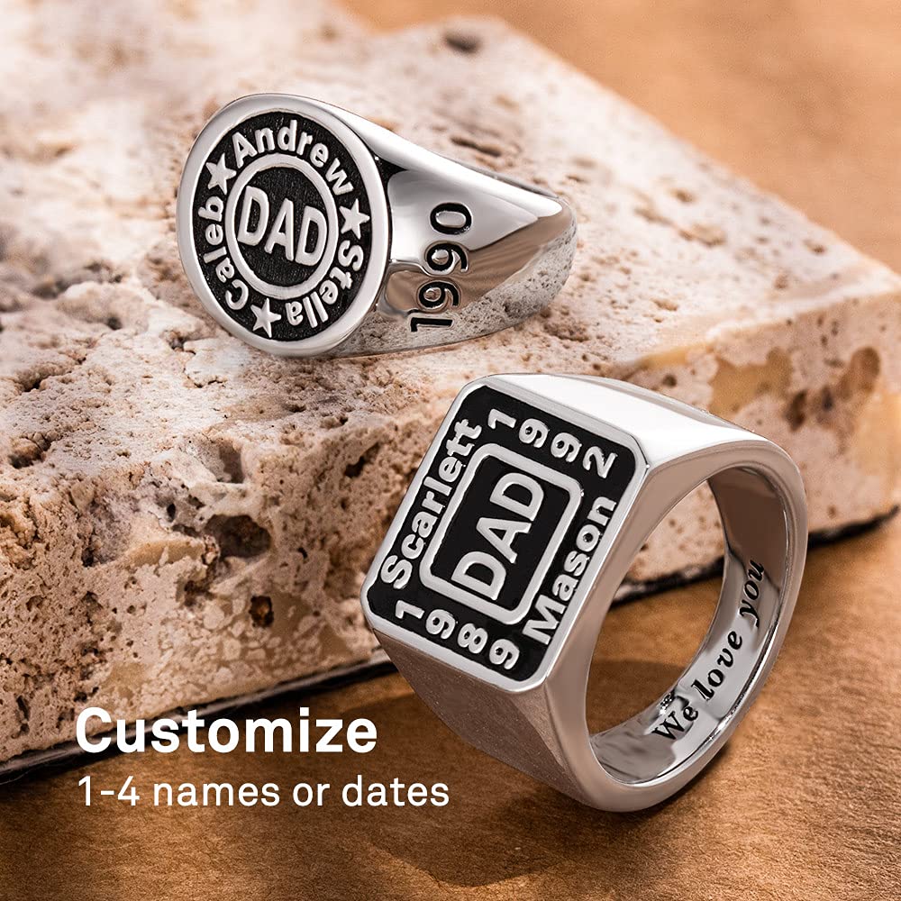 Custom 925 Sterling Silver/Brass Personalized Round & Square Dad Rings - Engraved Year Name Signet Rings for Men - Perfect Father's Day, Birthday Gifts for Dad & Grandpa - Ideal for Weddings, Anniversaries & Special Occasions
