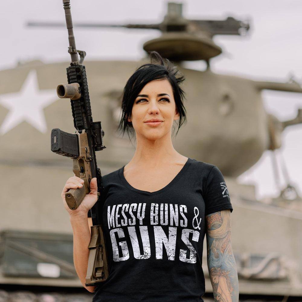 Women's Messy Buns & Guns V-Neck T-Shirt - Black | Soft Cotton Casual Tee for Workout, Gym & Everyday Wear
