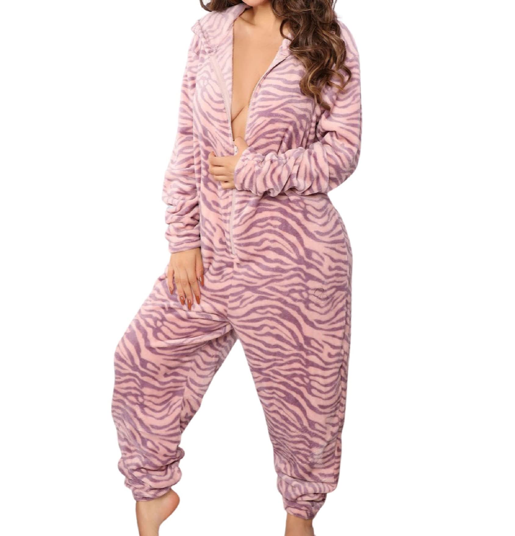 Women's Christmas Fleece Hooded Jumpsuit - Warm Zipper Romper Pajamas | Cozy Sleepwear for Holiday Parties & Winter Nights