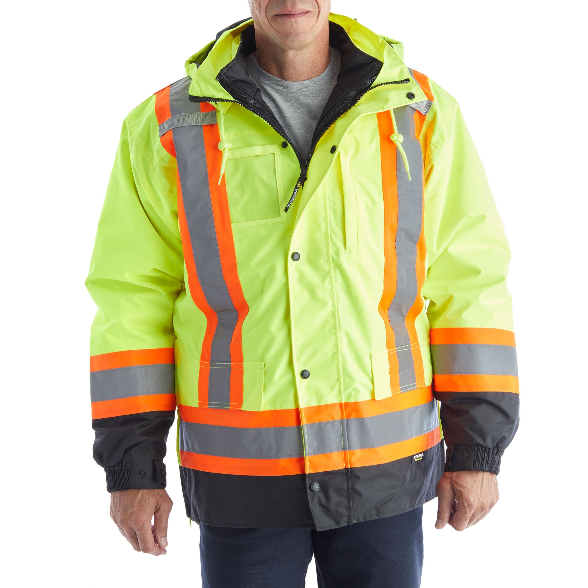 TERRA High Visibility Men's 7-in-1 Winter Jacket - Waterproof, Windproof & Insulated - Safety Reflective Workwear (Yellow) - Ideal for Construction, Roadwork & Outdoor Winter Activities