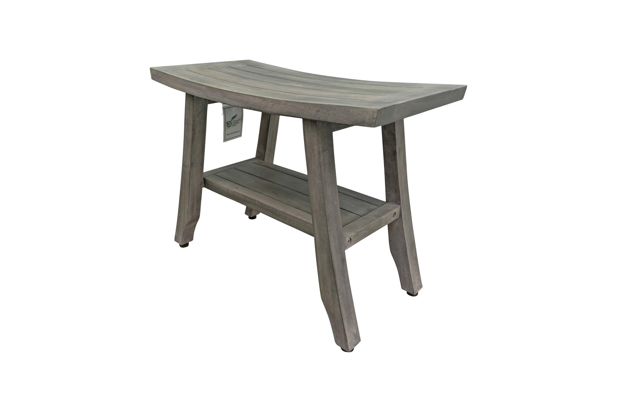 CoastalVogue Satori 24 Inch Waterproof Teak Wood Shower Bench - Gray Bathroom Stool Seat with Storage for Shower Safety and Organization - Perfect for Elderly, Disabled & Spa Relaxation